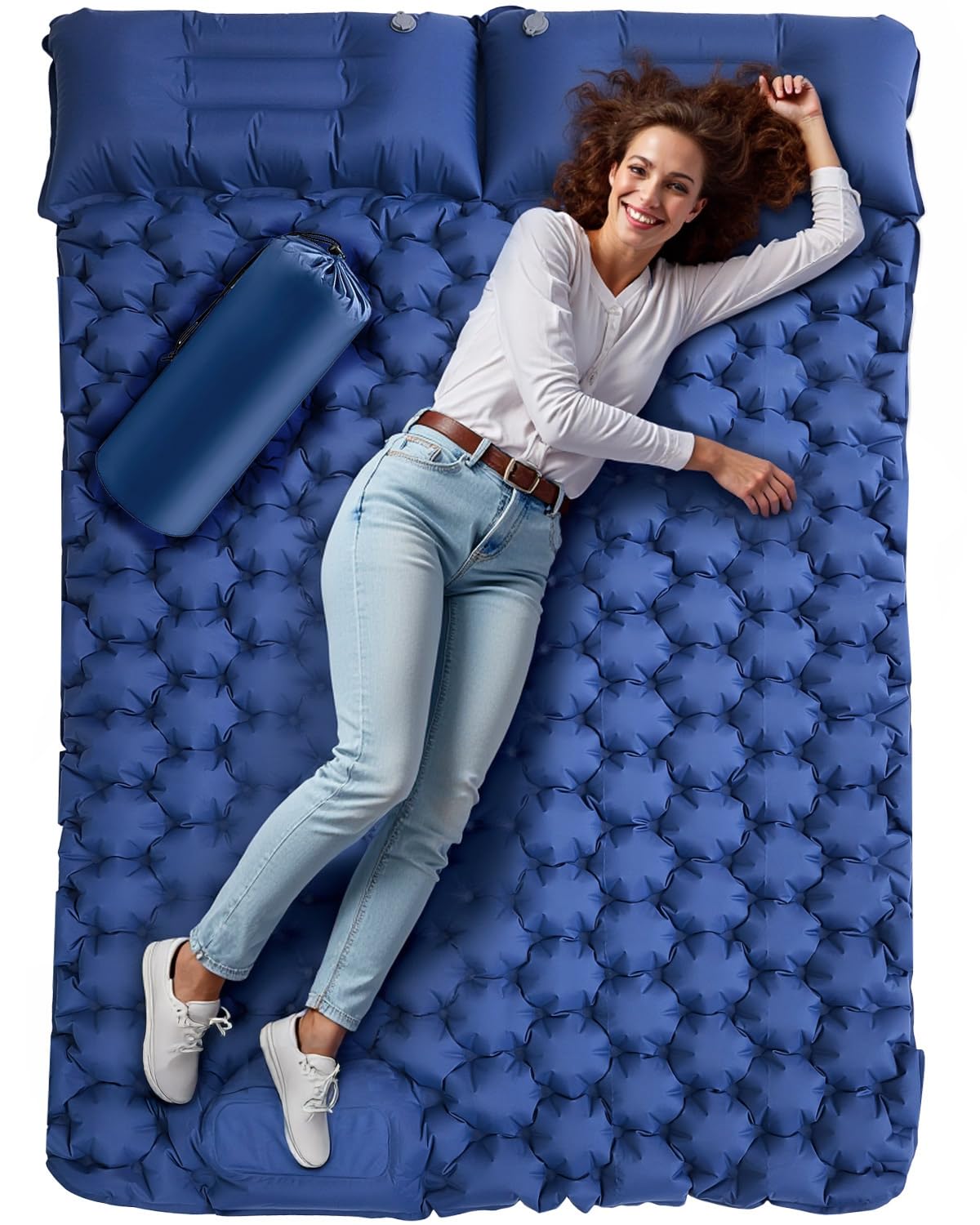 Matelas Gonflable 2 Personnes Camping Autogonflant avec Pompe à Pied et Oreillers Intégrés Imperméable Compact Bleu Marine