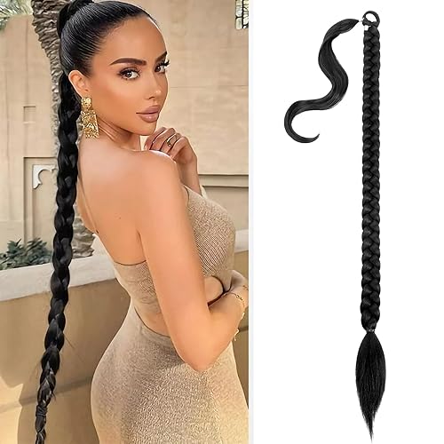 Miniatura 1 de Extensión de cola de caballo, extensión de cola de caballo trenzada, mujeres negras con banda para el cabello, envoltura recta con extensión de cola