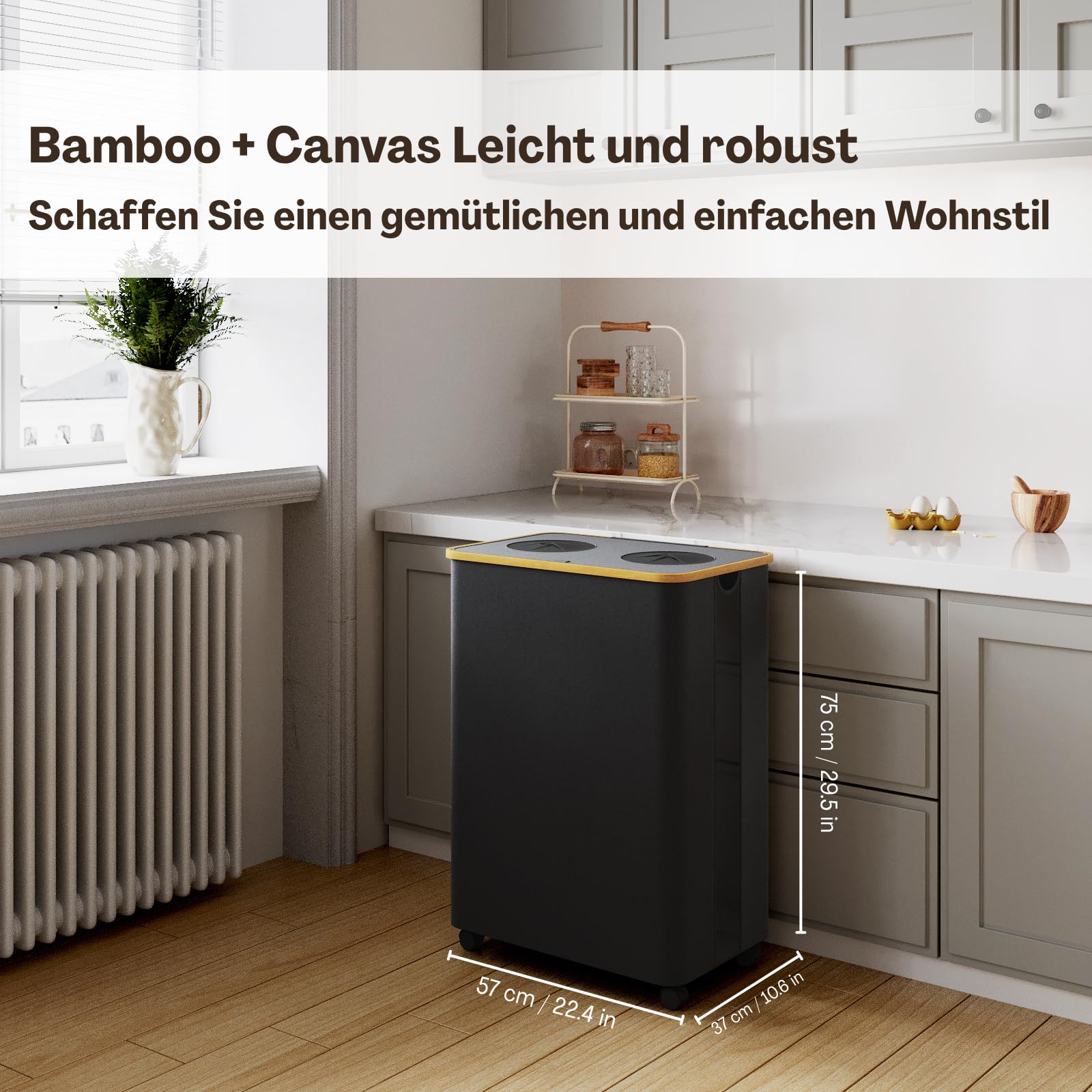 RMAN Cubo de Basura 160 L Reciclaje con Ruedas Grande, Negro | Con Tapa, 2 Compartimentos, Para Recoger Botellas Vacías, 18cm de Diámetro para Cocina, Comedor, Oficina