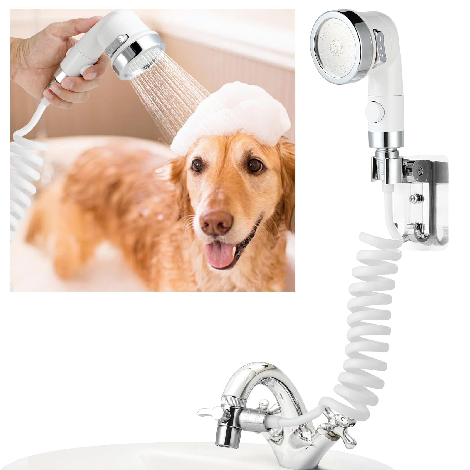 Sunenlyst Sink Faucet Sprayer Attachment, dog washing hose attachment, Portable Sink Spray Rubber Hose for Tub Faucet, Pet Bathing Shower Head, Shampoo Sprayer for Washing Hair (For bathtub)