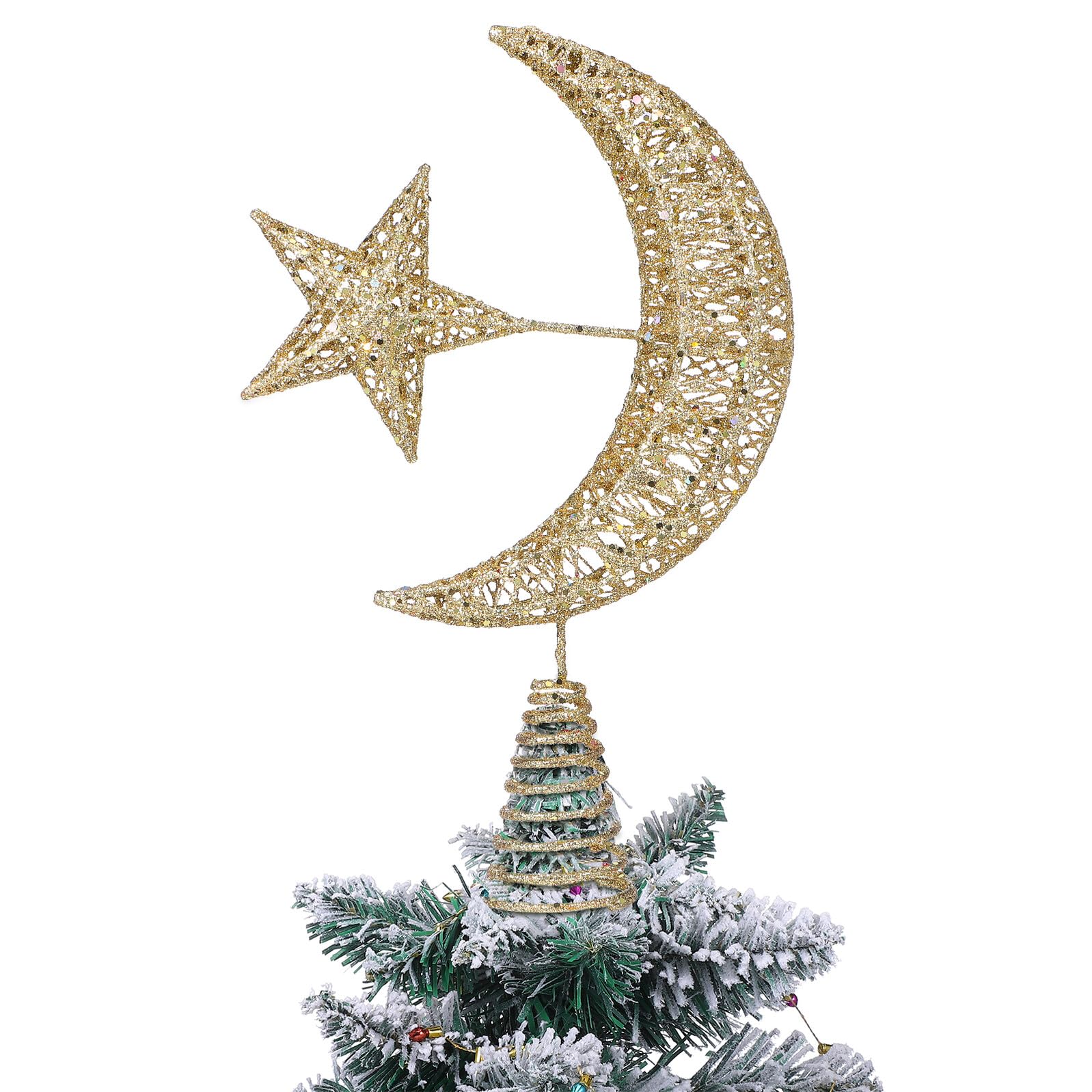Adorno punta del árbol de Navidad estable de hierro brillante con luna y estrella Ciieeo