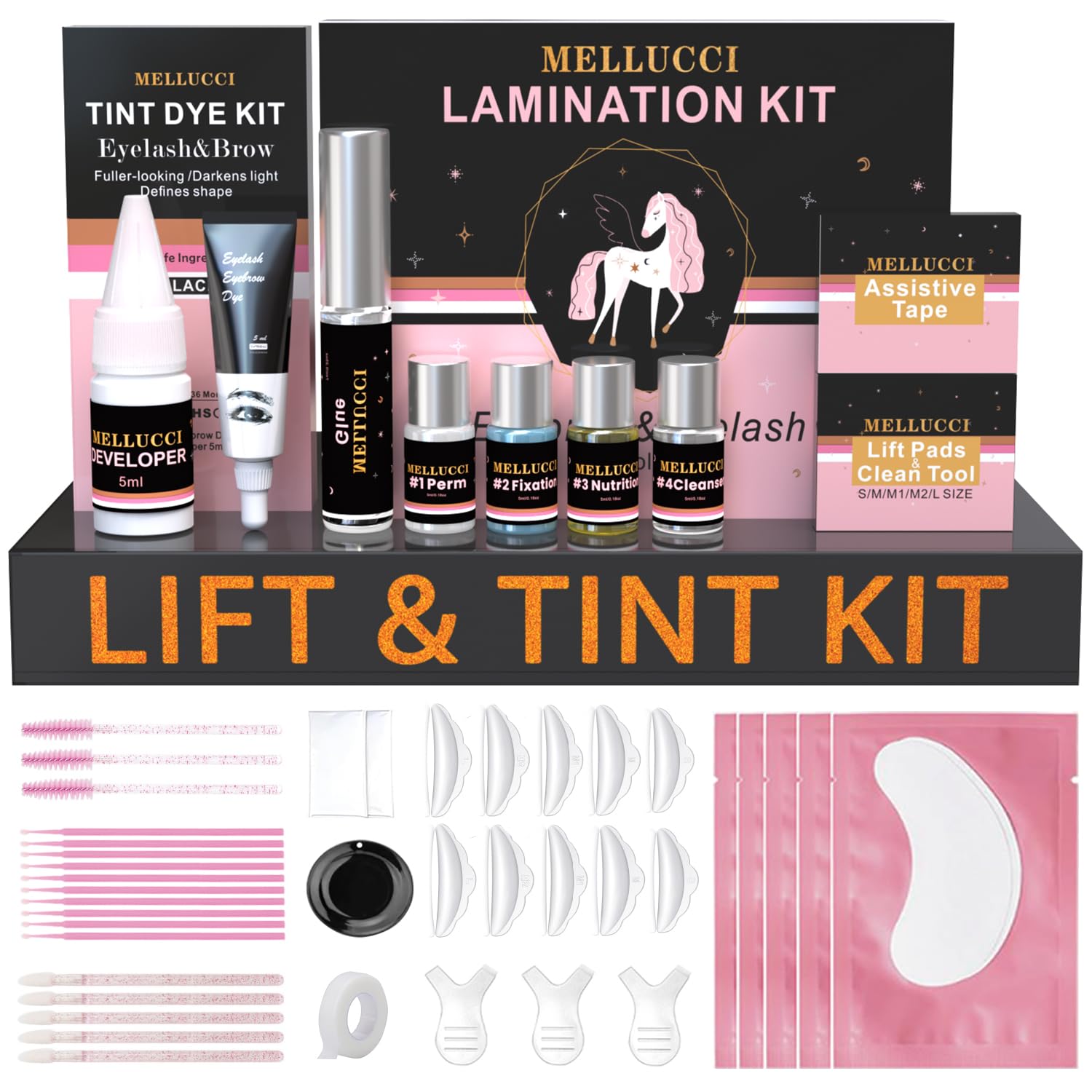 MELLUCCI Lash Lift and Black Kit Brow Lamination Kit - Easy to Use & Quick Lifting & Voluminous Coloring & Long Lasting & Complete Tools With Detailed Instruction - for Salon or Professional Use