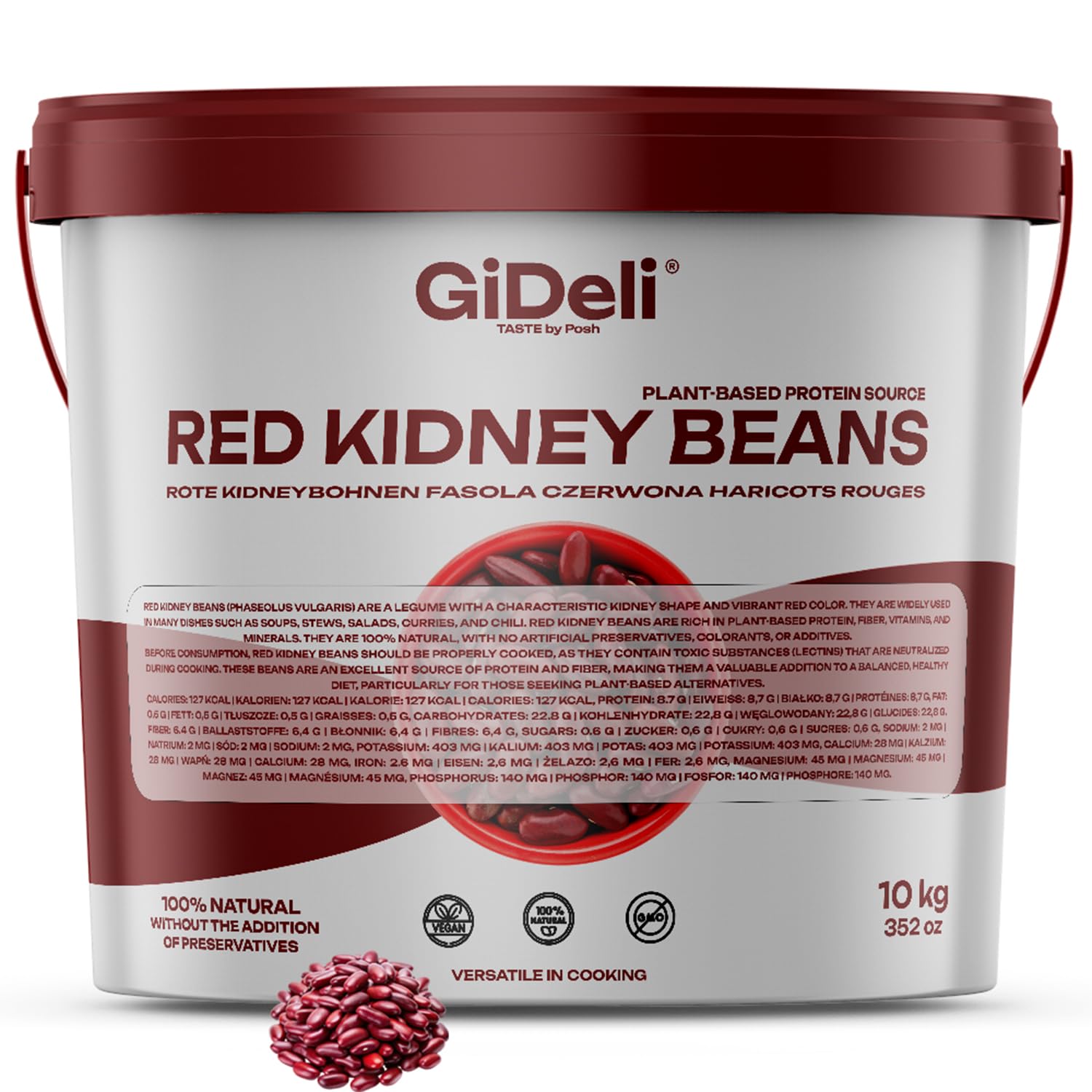 GiDeli Kidneybohnen Getrocknet 10 kg im Eimer - Rote Bohnen - Veganes Protein, hoher Ballaststoffgehalt - ohne Salz, ohne Zuckerzusatz - für Chili con Carne, Bowls, Tacos