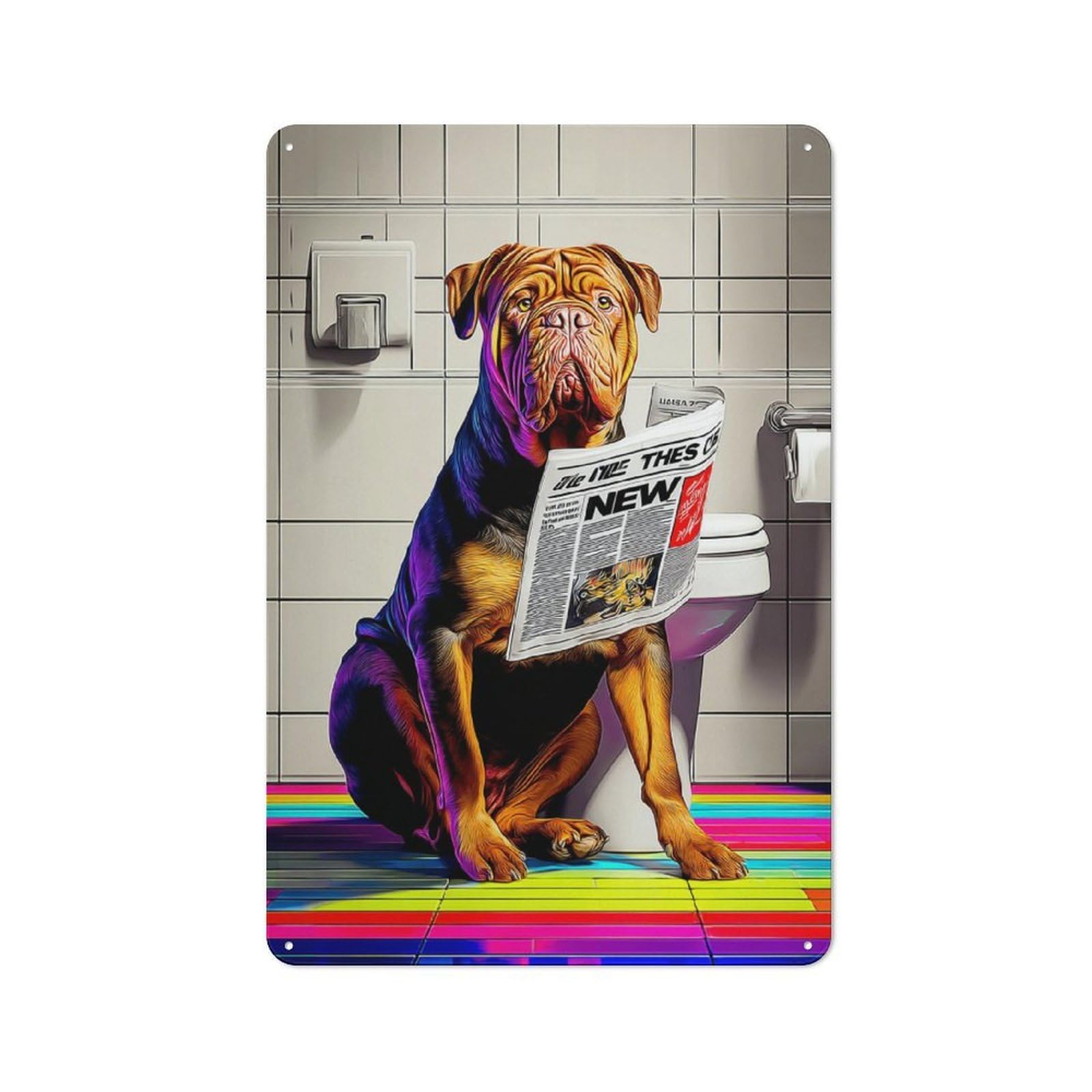 Junmoney Dog Reading Newspaper In Bathroom -3 Decorative Tin Plaque With Design 30X20cm, Classic Novelty Wall Art For Flat, Dorm Room, Lounge Or Cafe