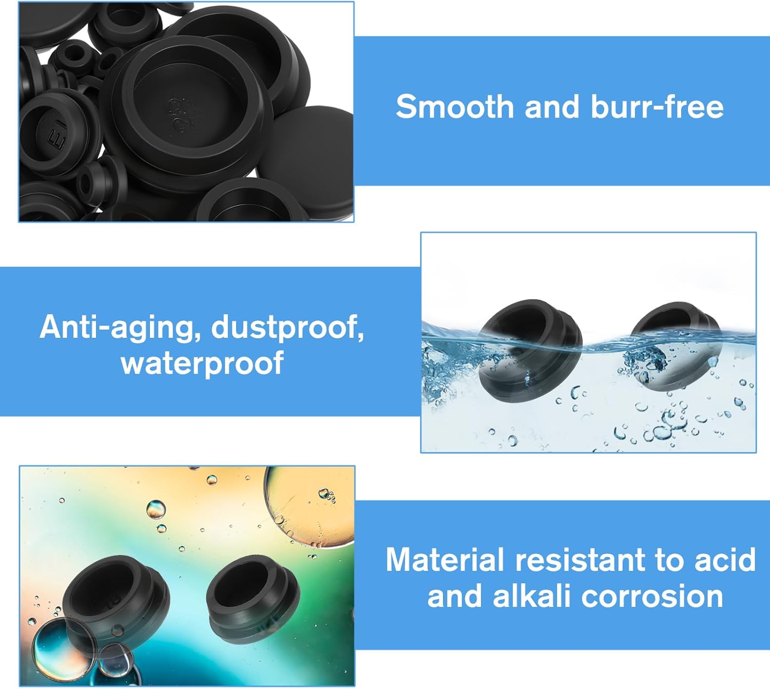 Rubber Hole Plugs for Round Holes, 62Pcs 6 Sizes Black Rubber Plugs with Clear Box for Round Holes Silicone Hole Plug Snap Locking for Furniture Car Wiring(1" 3/4" 5/8" 1/2" 3/8" 1/4")