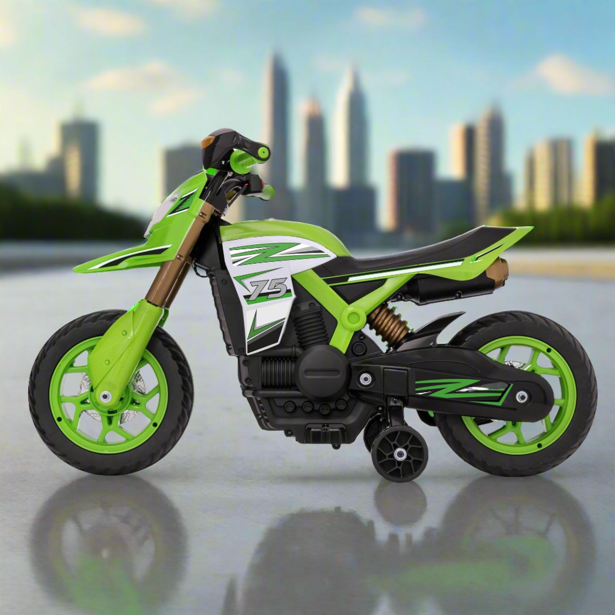 EVO Bicicletta elettrica da rally, 6 V, alimentata a batteria, fari, poggiapiedi, stabilizzatori rimovibili, veicolo da equitazione per bambini dai 3 anni in su