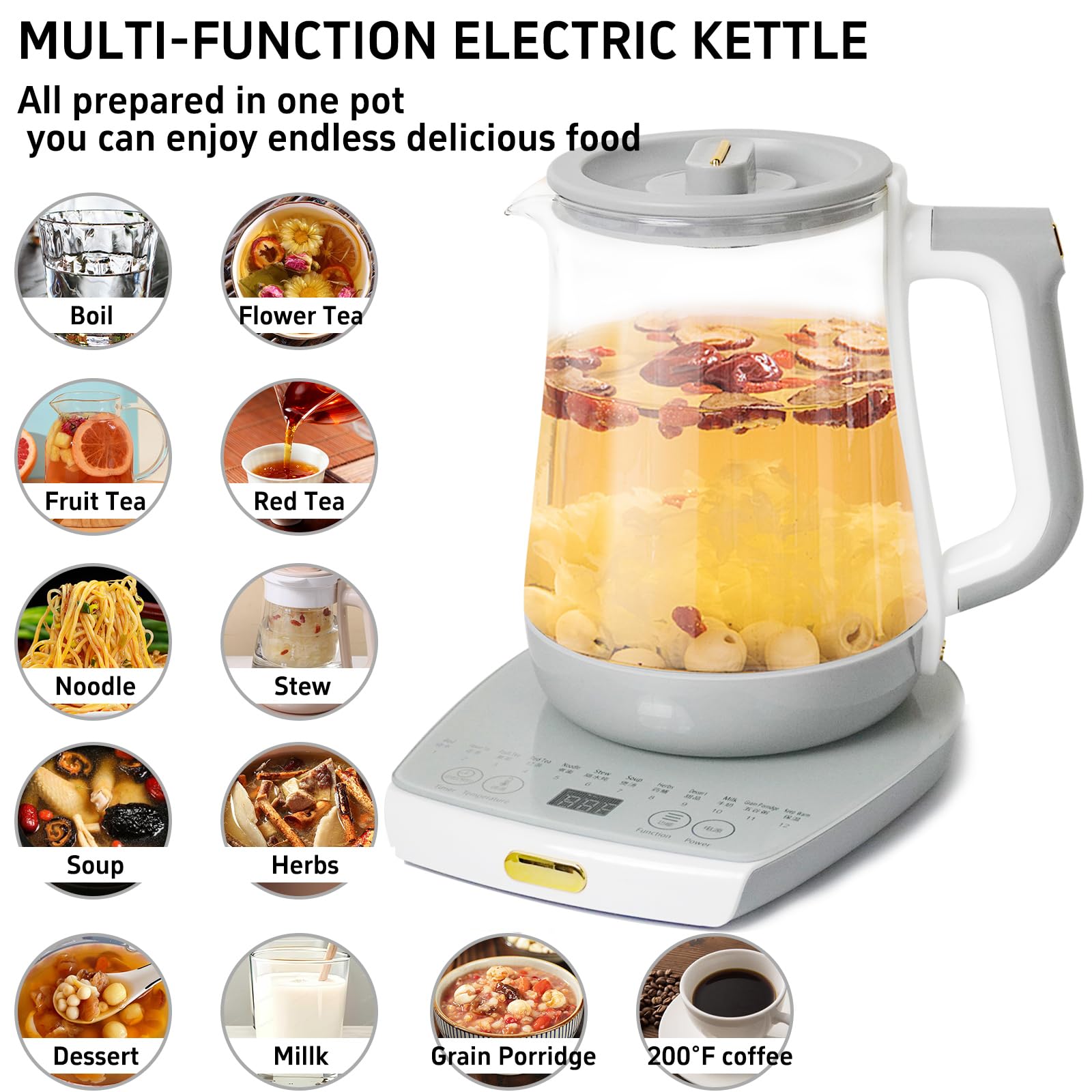 Olla de salud, oficina, hogar, hervidor eléctrico con infusor, control de temperatura, 12 procedimientos funcionales para frutas, té y café de flores, vidrio grande de 1.8 litros de capacidad, gris 4