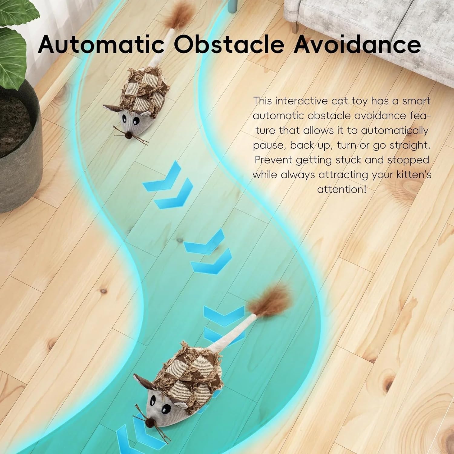 Moving Mouse Cat Toy with Feather & Sound Box, Rechargeable Motion Interactive Cat Toy(Blue Mouse)