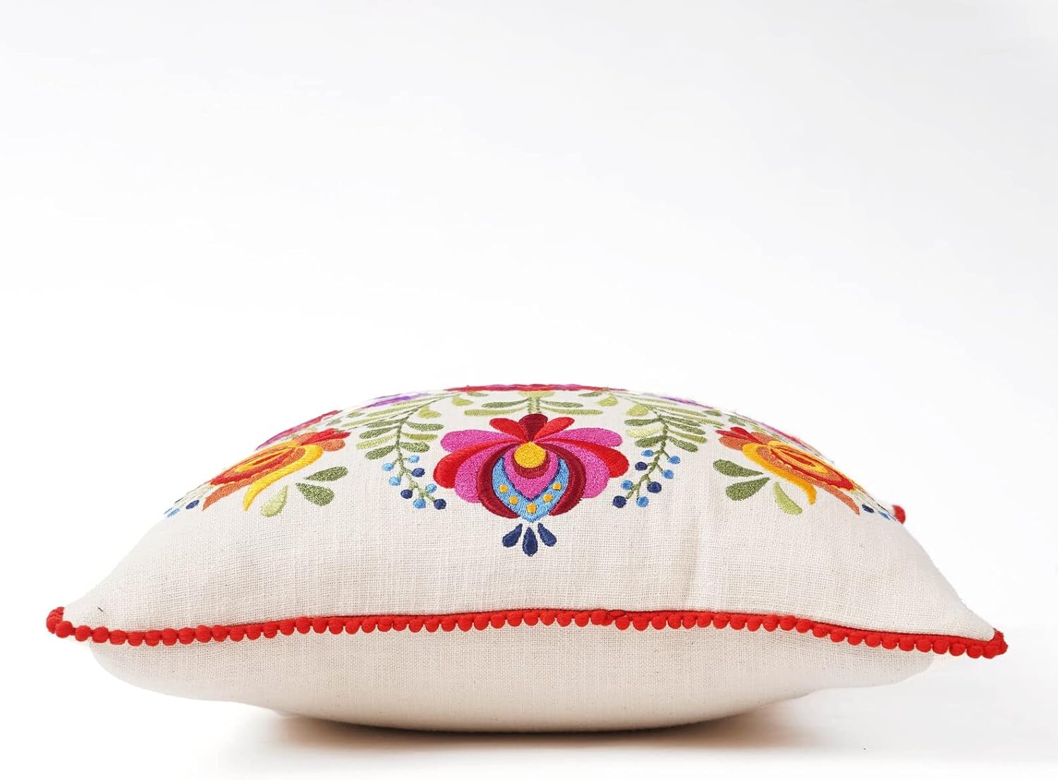 Matyo Embroidered Square Cotton Pillow Cover with Red Micro Pompom Lace, Size 18x18 inch