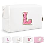 Small Personalized Initial A-Z Patch Makeup Bag,White Cute PU Leather Glitter Letter Cosmetic Bag for Teen Girls,Travel Toiletry Bag with Zipper,Preppy Monogrammed Birthday Gift for Daughter Niece L