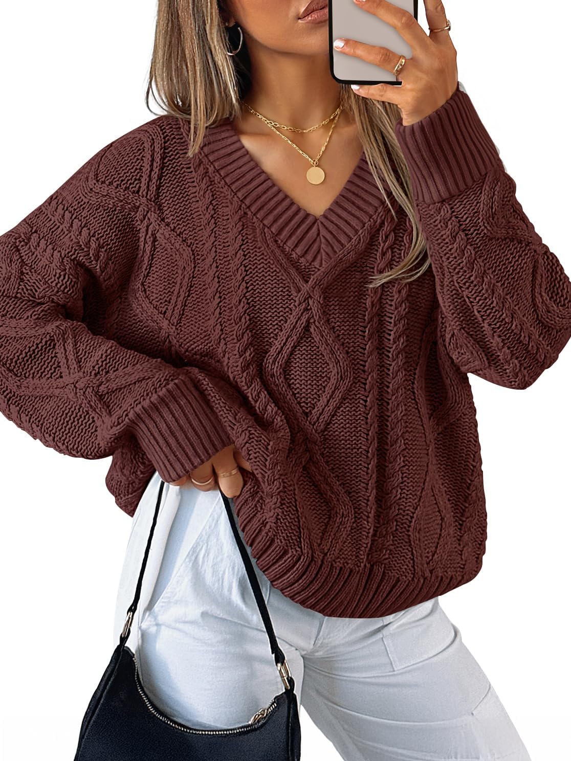 ZESICA Women's Spring Oversized Sweaters 2026 Casual Long Sleeve V Neck Cable Knit Trendy Pullover Tops