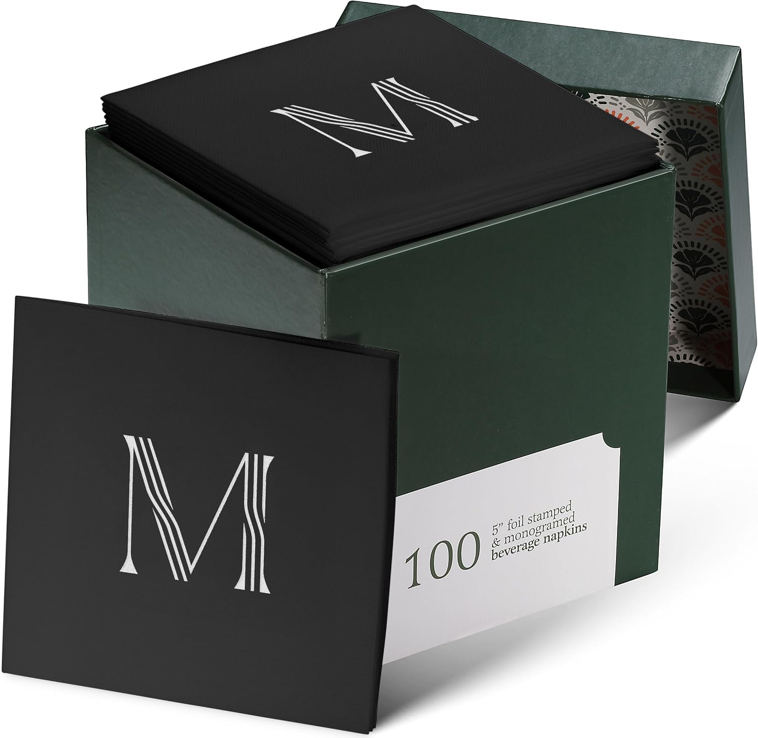 100 Pack Disposable Monogrammed Cocktail Napkins Black, 5"x5" Linen-Feel Silver Foil Letter M Paper Napkins, Initial White Beverage Napkins For Wedding, Party, Bar Or Holiday