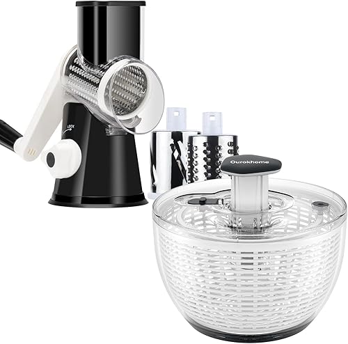 Ourokhome Molinillo giratorio de lechuga, con una sola mano, fácil de prensar, mezclador grande para secadora de ensaladas y rallador de queso