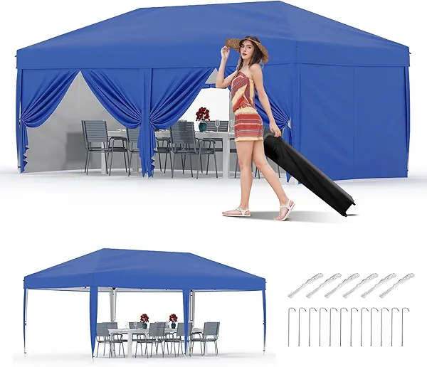10x20 Pop Up Canopy Tent with 6 Sidewalls, Heavy Duty Outdoor Canopy UPF 50+ All Season Waterproof Commercial Street Vendors Party Tents with Roller Bag, 8 Stakes & 6 Sandbags, Blue