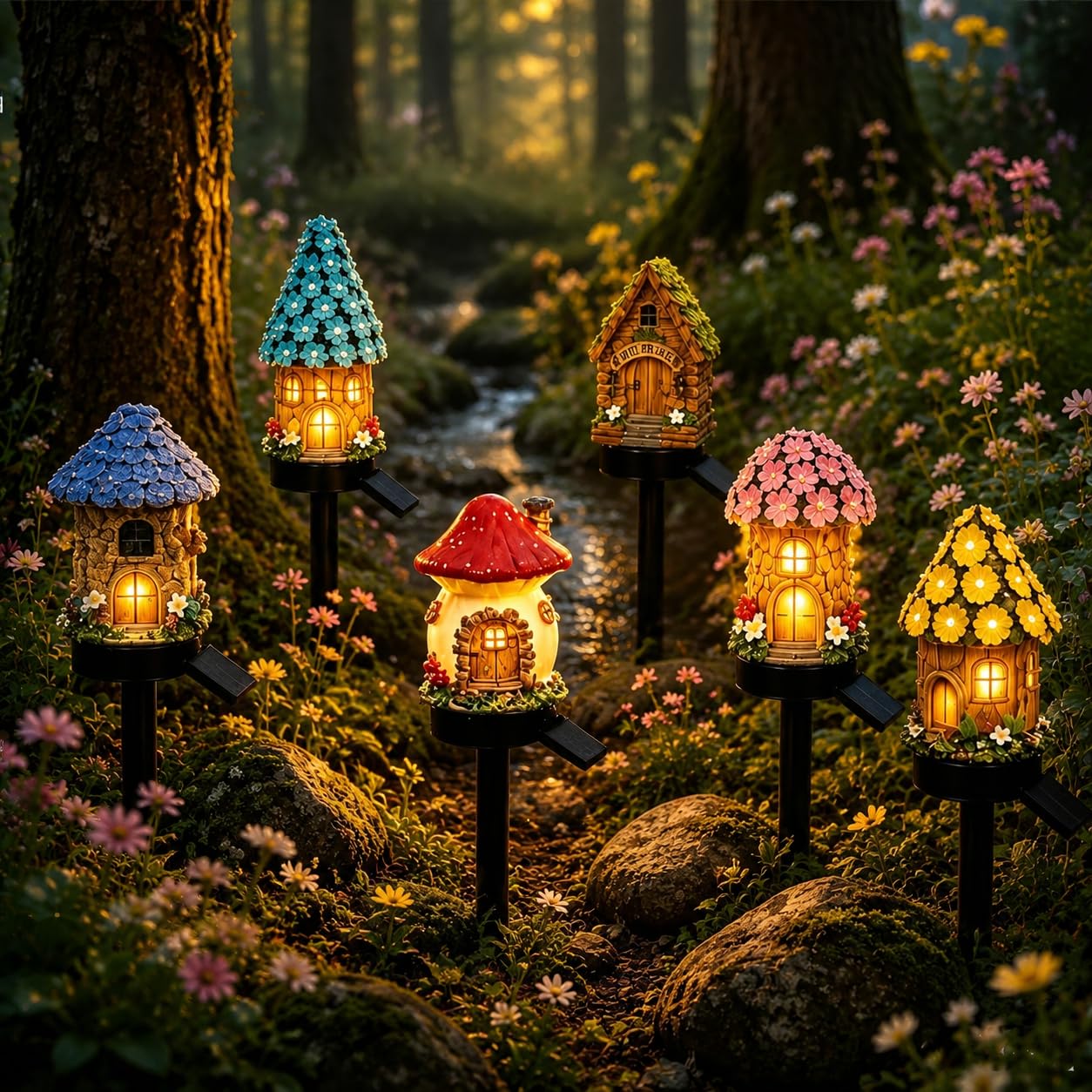 Solar Fairy-Tale Mushroom Cottage Garden Light, Resin Mushroom Cottage Figurine, Waterproof LED Outdoor MushroomHouse Statue Decor Lamp, Auto On/Off Landscape Pathway Light for Yard Patio Lawn