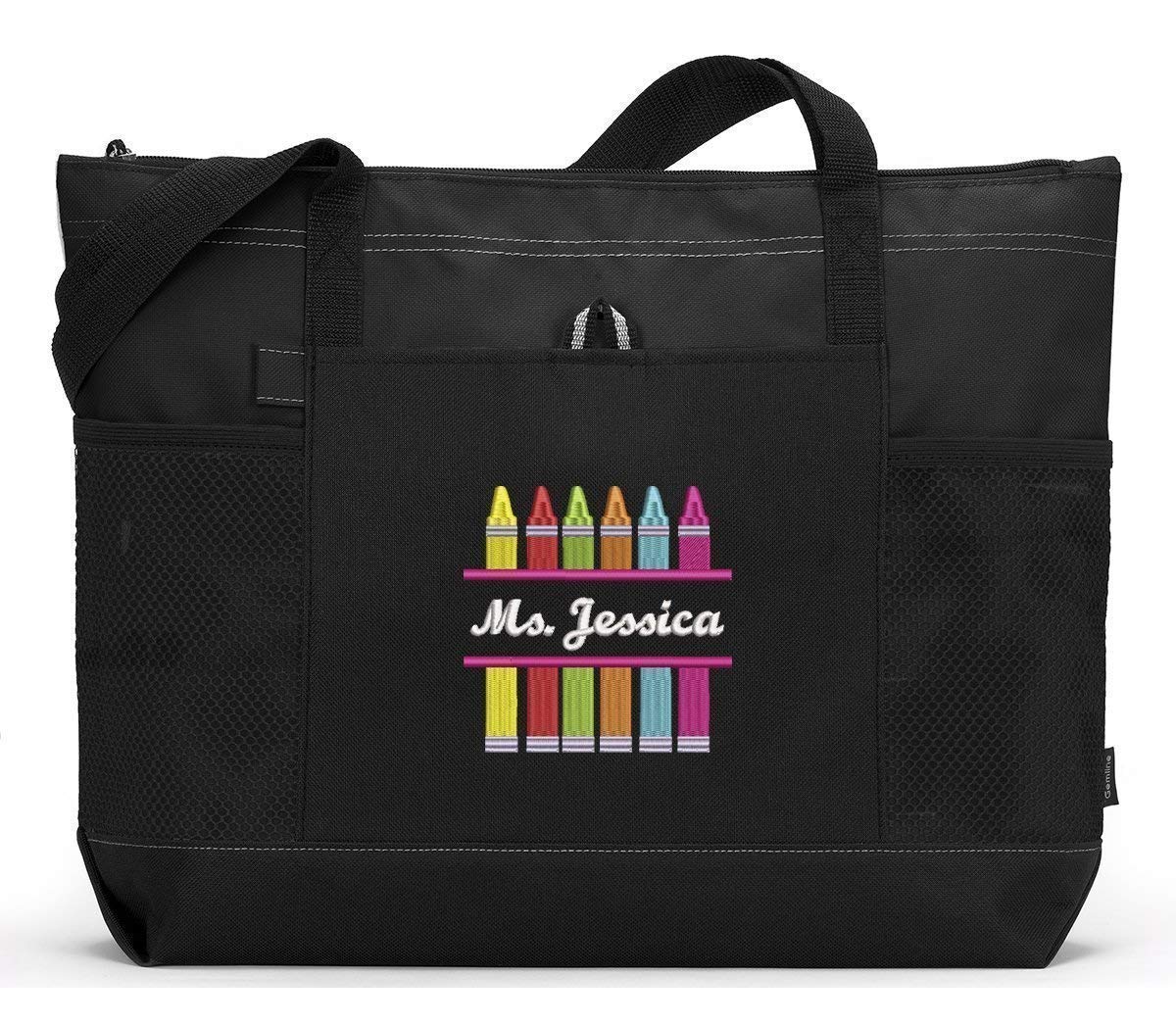 Crayons Personalized Teacher Tote Bag with Mesh Pockets, Front Pocket