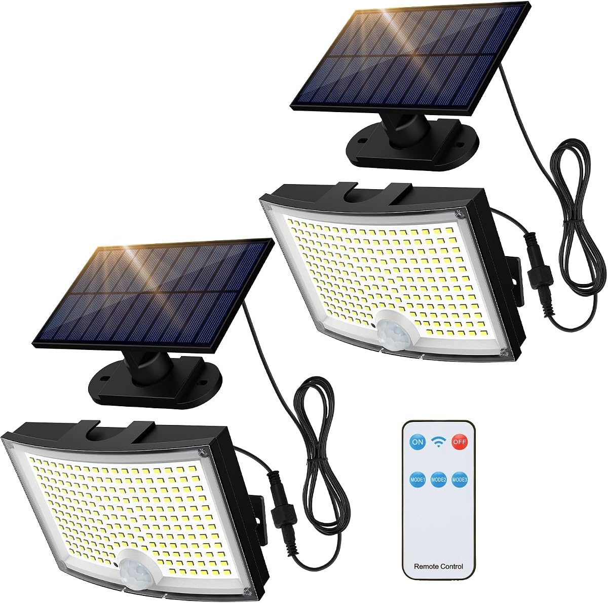 Solar Outdoor Lights 2Pack, 202 LED Flood Lights with 16.4 ft Cable | Remote Control Solar Motion Sensor Outdoor Lights, 3 Modes Solar Powered Security Lights for Outside Patio Yard Garage Garden