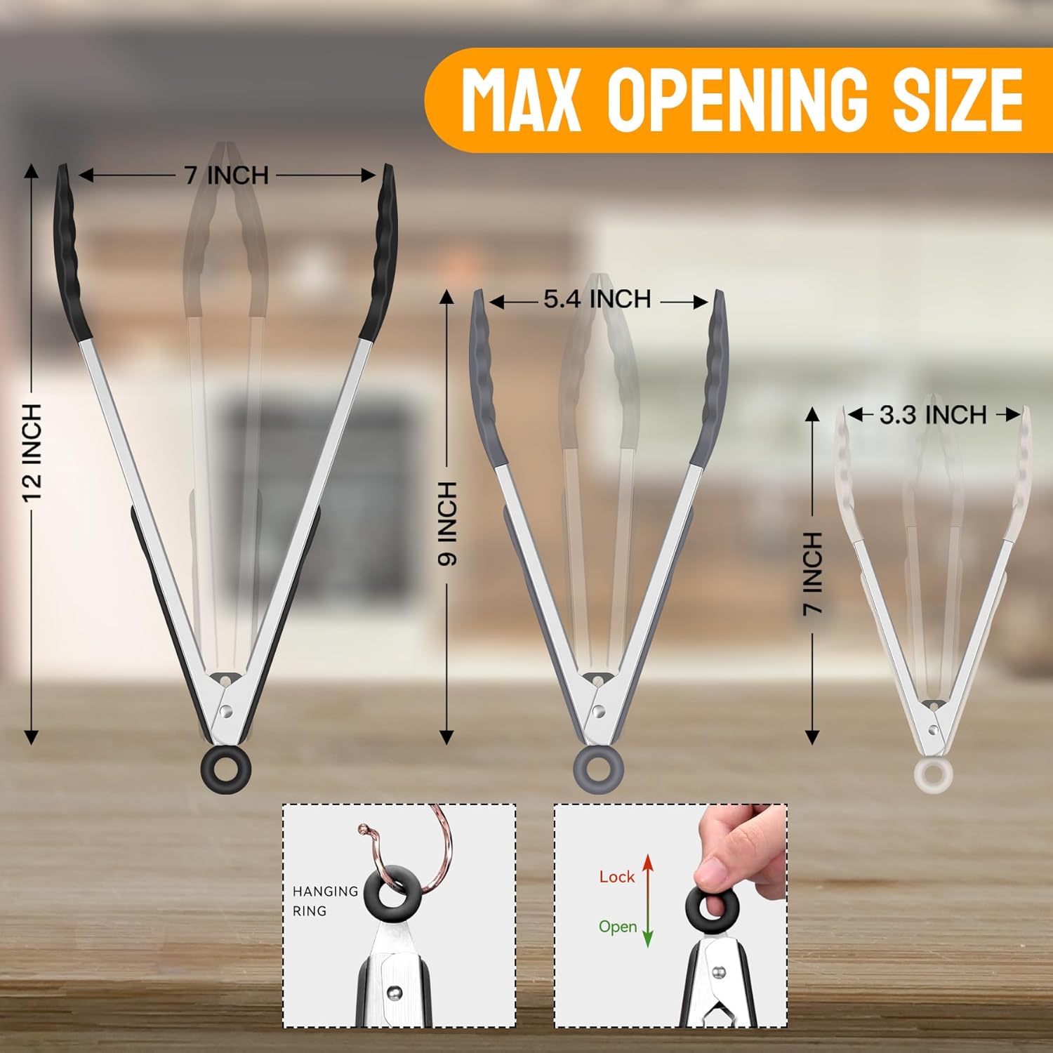 HOTEC Premium Stainless Steel Locking Kitchen Tongs with Silicon Tips, Set of 3-7, 9 and 12 (Black,Grey,Khaki)