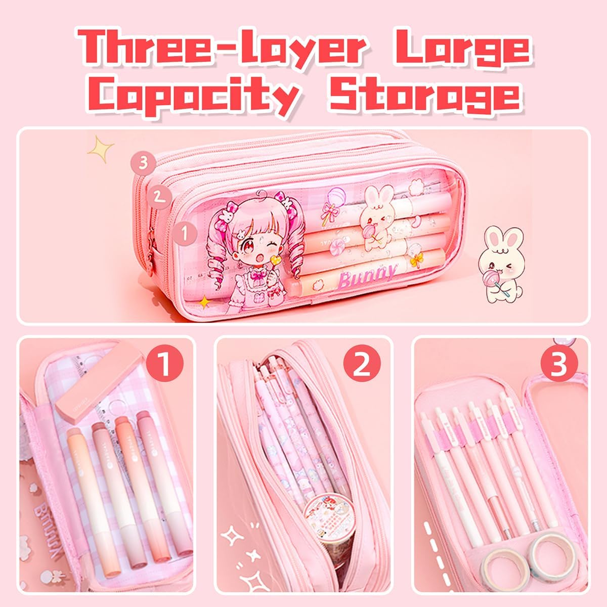 ITA Pencil Pouch Kawaii Large Capacity Pen Case : Cute Aesthetic Pencil Box Stationery Supplies for Teen Girls, 4 Included Highlighters (Blue) image 3