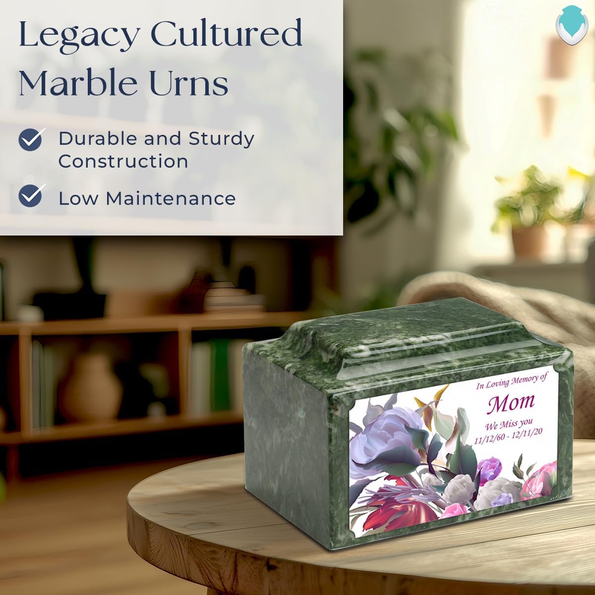 GetUrns Cultured Marble Urn Vault by Mackenzie with Personalized Modern Flowers and Text for Human Ashes I Emerald Adult Urns for Male and Female I 210lbs