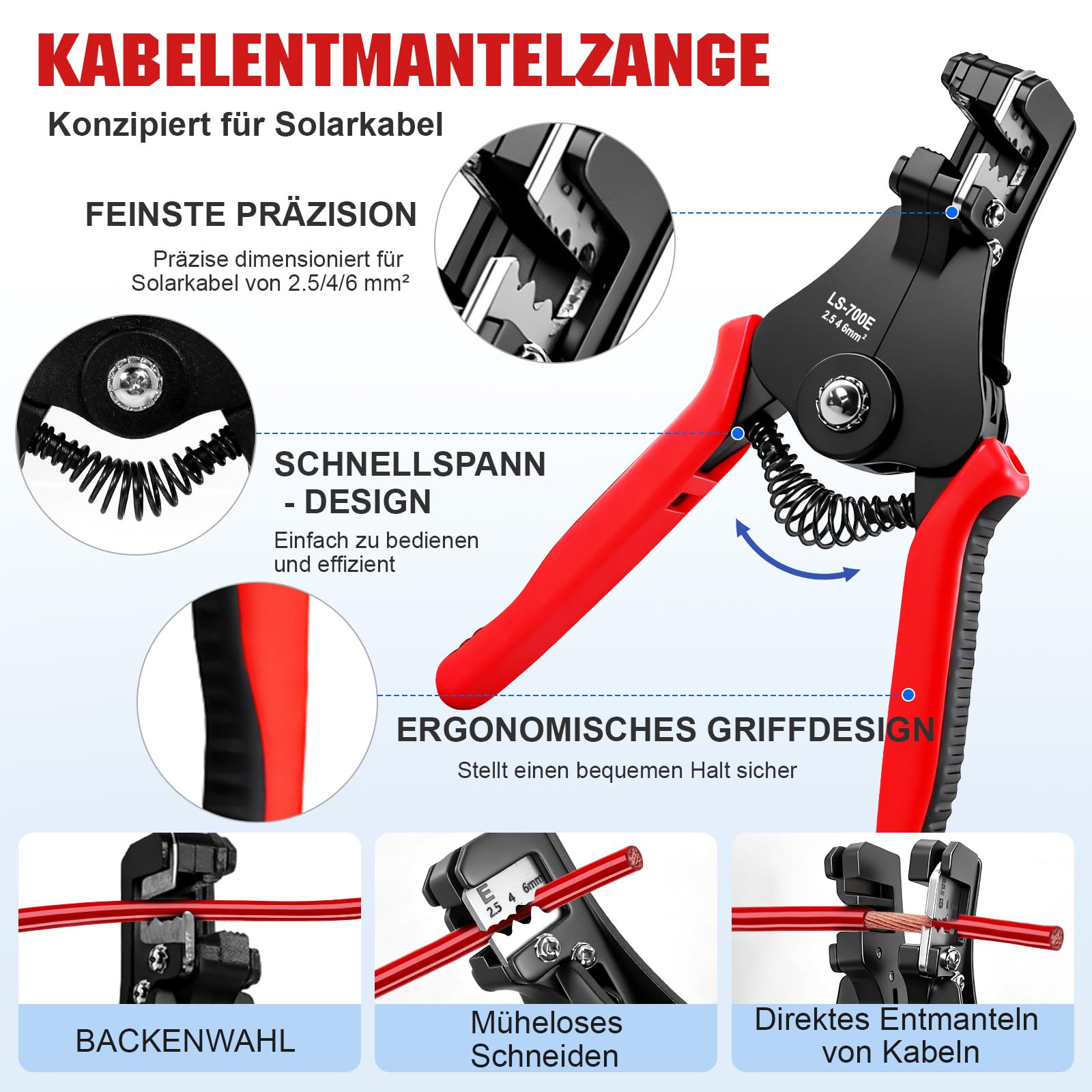 Solar Crimpzange für 2.5/4/6 mm² Solarpanel Solarkabel, 10 Paar Männlich Weiblich Solarstecker, 1 Stk Crimpzange, 1 Abisolierzange und 2 Stk Schraubenschlüssel