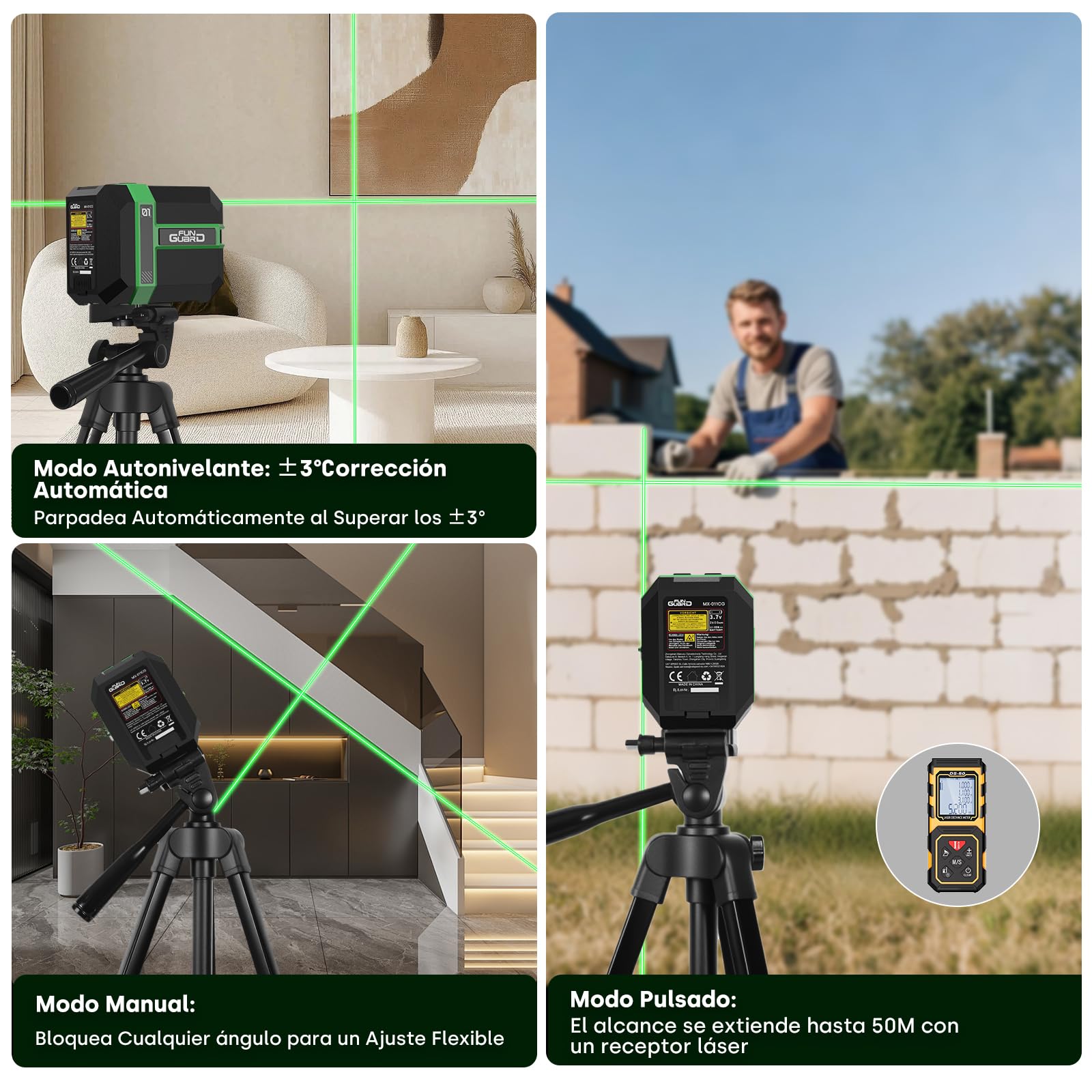 Nivel Láser Autonivelante con Tripode, Verde Módulo Láser Dual 50M, 3 Modos Conmutables Horizontal/Vertical, Modo Pulso, Carga USB, IP54 para Obras de Construcción,DIY
