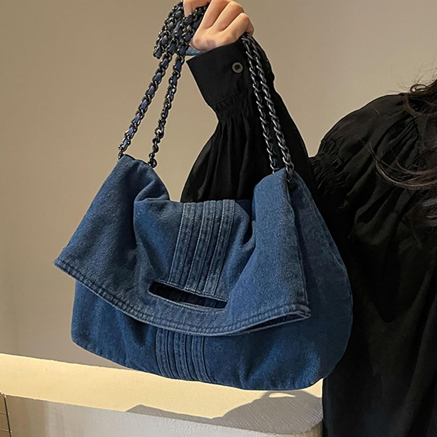 Denim Purse for Women Trendy Jean Purses Large Denim Tote Bag Fashion Crossbody Bags with chain - Image 2