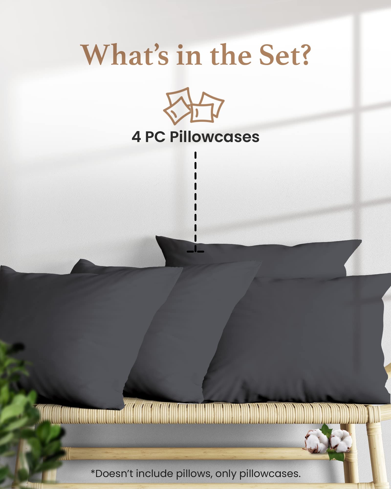 Photo 1 of 1000 TC Dark Gray Standard Pillowcases Set of 4 100% Egyptian Cotton Pillow Cases with Long Staple Cotton & Sateen Weave, Silky Soft Hotel - Like Bed Pillow Covers for Comfy Sleeping, Snug Fit
