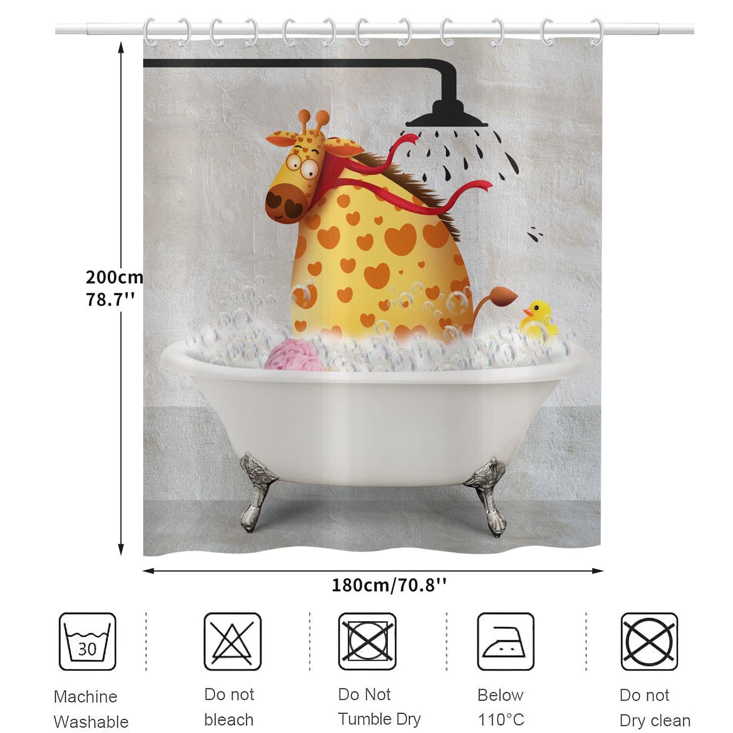 Divertente tenda da doccia 180 x 200 cm, sfondo vintage divertente giraffa anatra da bagno bagno per bambini tende da doccia lavabili in tessuto per tenda doccia impermeabile con 12 ganci