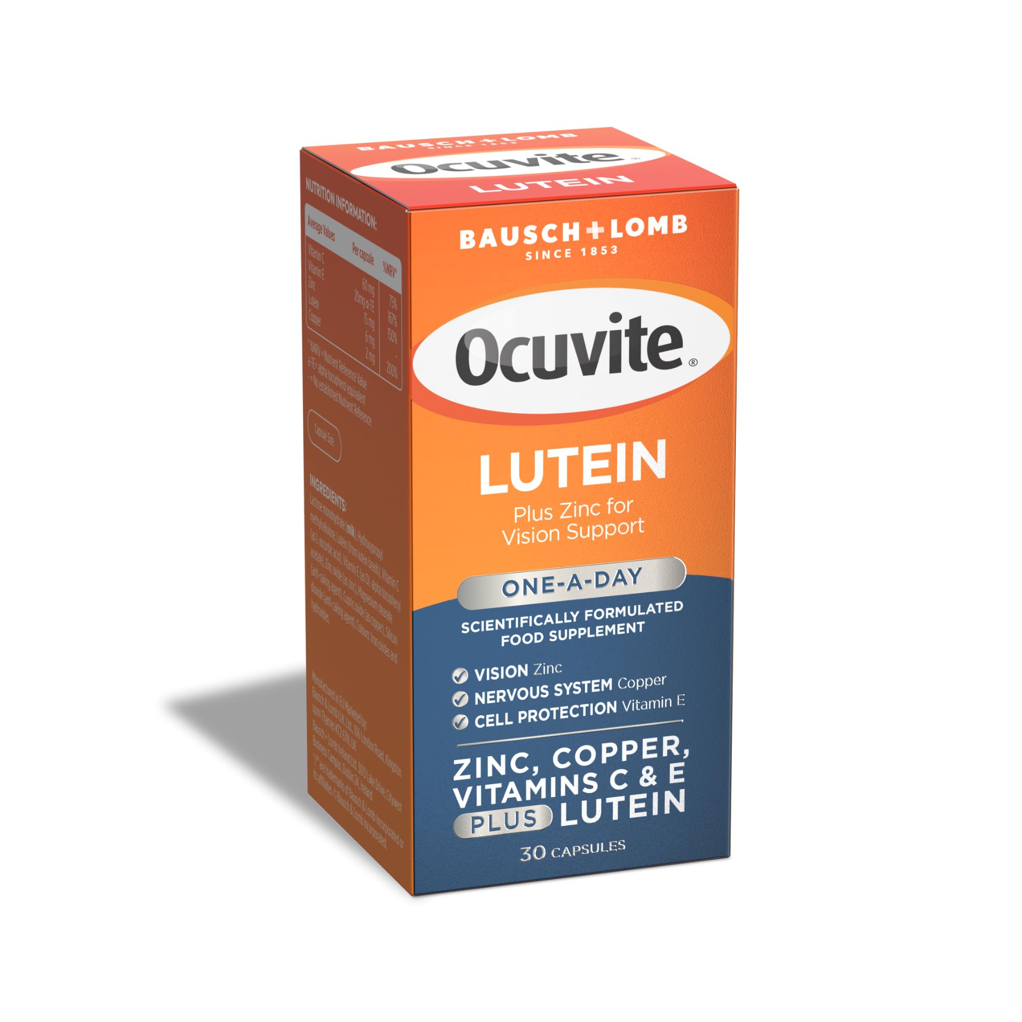 Ocuvite Lutein Supplement, by Bausch + Lomb, Lutein with Zinc, Copper, Vitamin C and E, One Capsule per Day