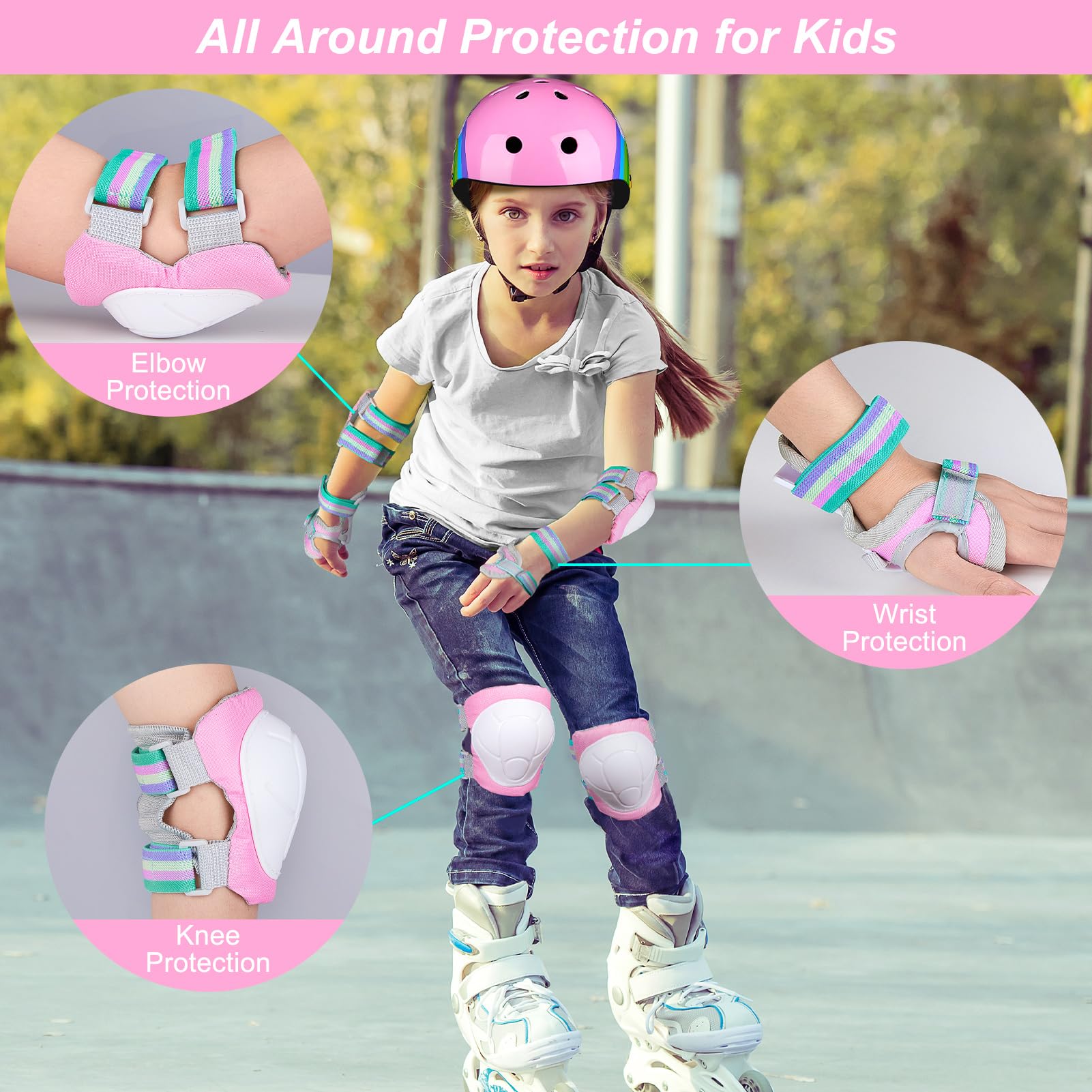 Unicorn Kids Helmets Ages 3-8 with DIY Stickers, Knee & Elbow Pads Set for Skateboarding, Roller Skates, Scooter