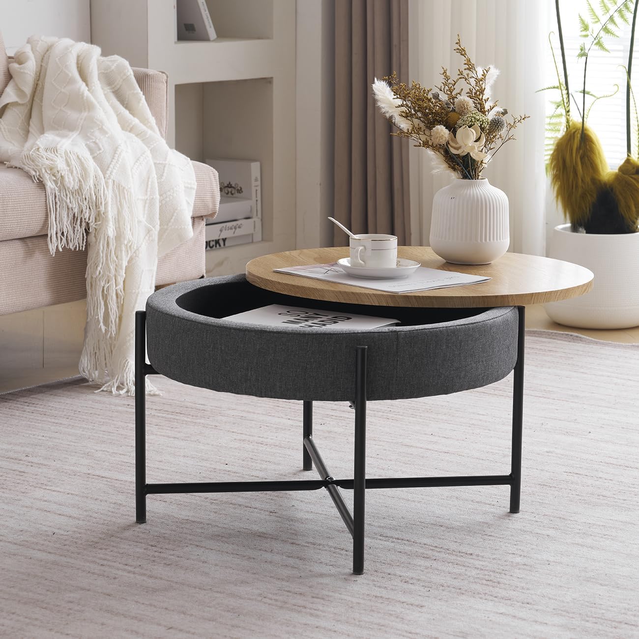 NICEME Round Coffee Table with Storage Space under the Table Top, Round ...