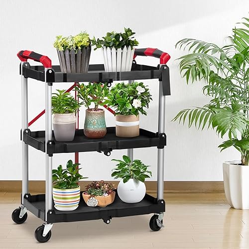 Miniatura 6 de Carrito de servicio plegable portátil, carrito plegable de 3 niveles, organizador plegable de aleación con ruedas, organizador de almacenamiento de