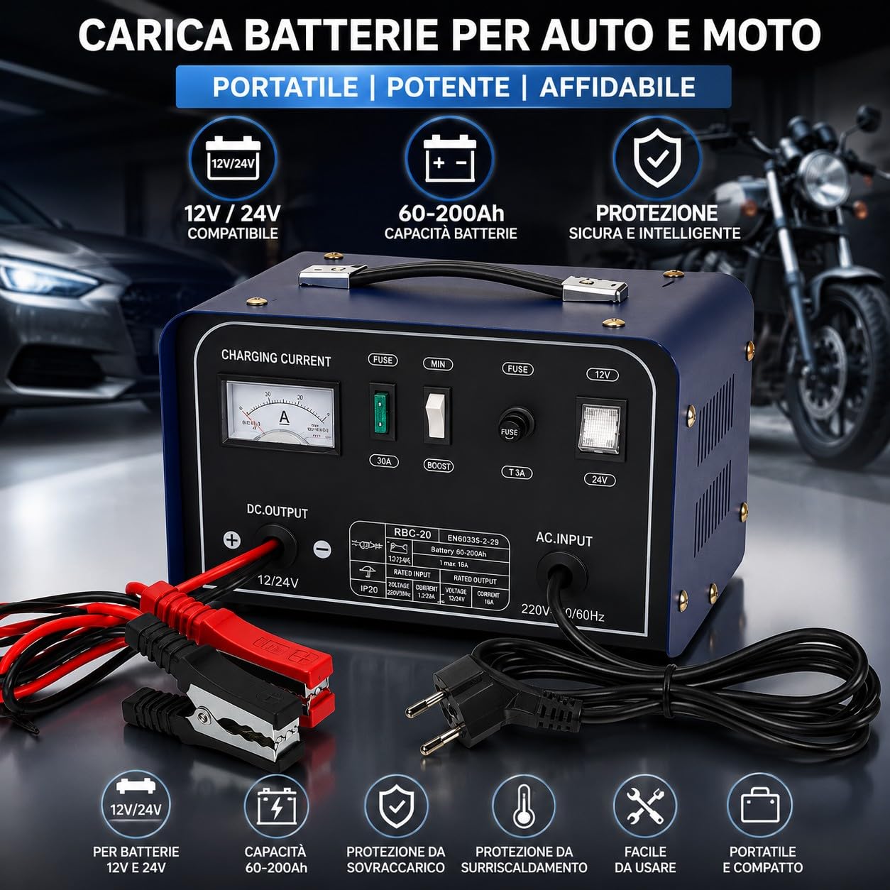 Caricabatterie Auto Moto 12V 24V Corrente di Picco 20A Professionale per Batterie al Piombo 60-200Ah con Amperometro Analogico Modalità MIN/MAX per Auto Furgoni Barca Trattore