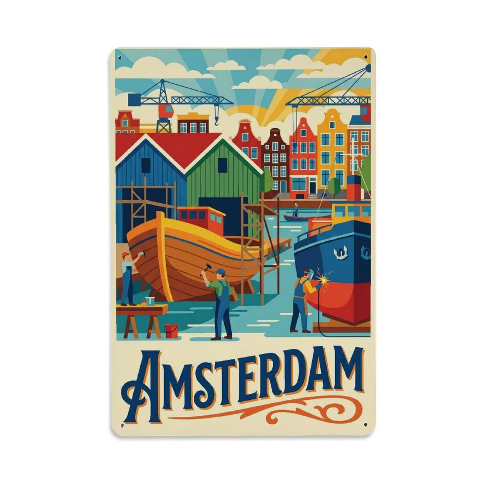 Okngb Style Amsterdam Shipyard Waterway Retro Tourism Canal Quay Metal Tin Sign Plaque Wall Decor For Cafe, Man Cave, Club Bar, Office, Home Garden Round Metal Poster 8X12inch