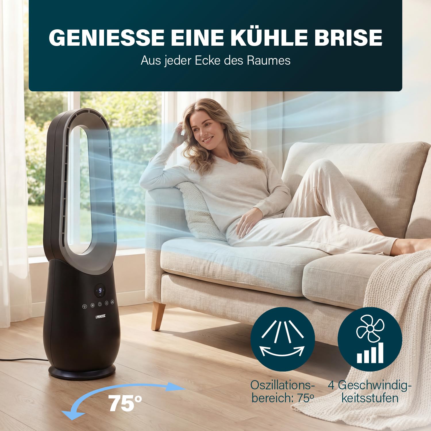 Princess Ventilator ohne Blätter – 70 W – Stimmungslicht – Niedriger Verbrauch – 75°-Oszillation – 3 Geschwindigkeiten – 351590