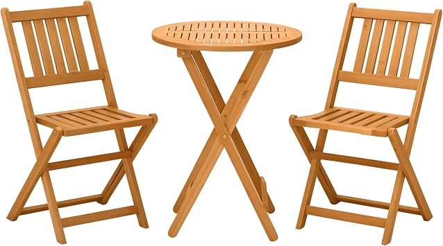 Outsunny 3-Piece Acacia Wood Bistro Set, Folding Patio Furniture with 2 Folding Chairs and Round Coffee Table, Teak, Slatted Finish, for Backyard, Balcony, Deck, Natural