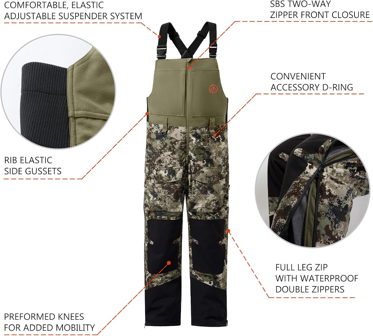 BASSDASH Splice II Men’s Insulated Waterproof Camo Hunting Bibs Ripstop Fishing Pants - Image 2