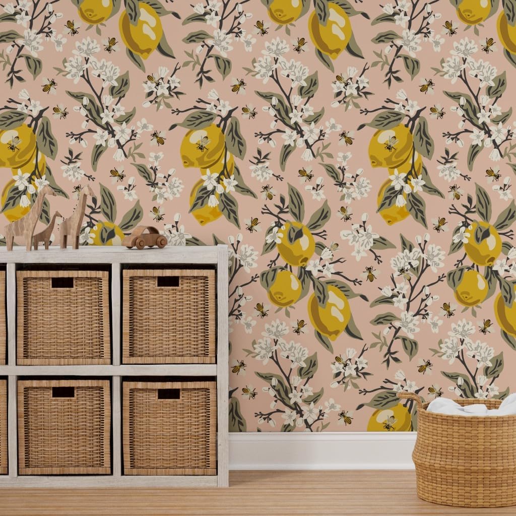 Spoonflower Peel & Stick Wallpaper 3ft x 2ft - Bees Lemons Blush Yellow Modern Citrus Traditional Custom Removable Wallpaper