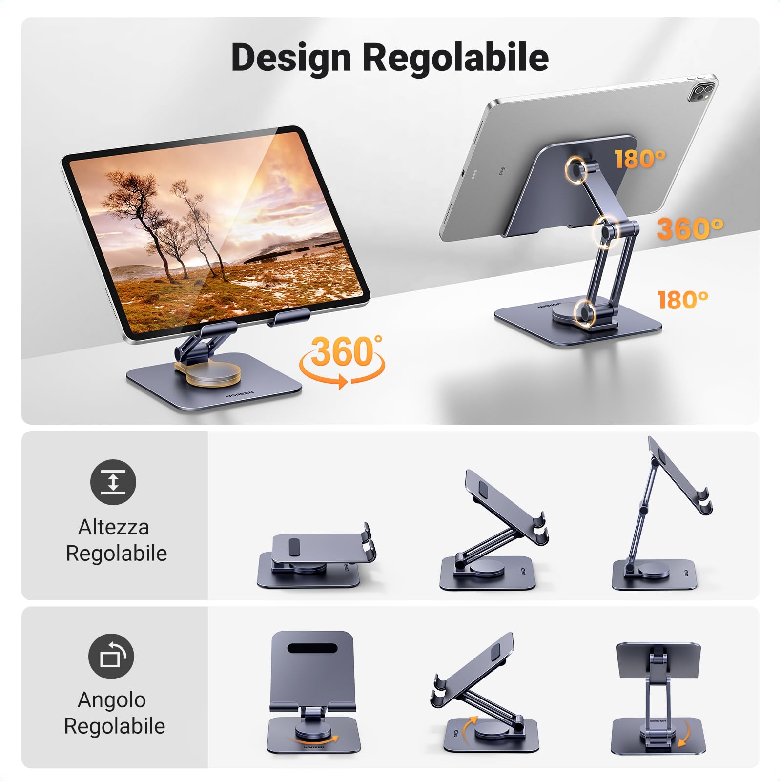 UGREEN Supporto Tablet Girevole da Tavolo | Porta Cellulare Regolabile da Scrivania in Alluminio Compatibile con Galaxy Tab iPad iPhone 17 16 Altri da 4.7-12.9"