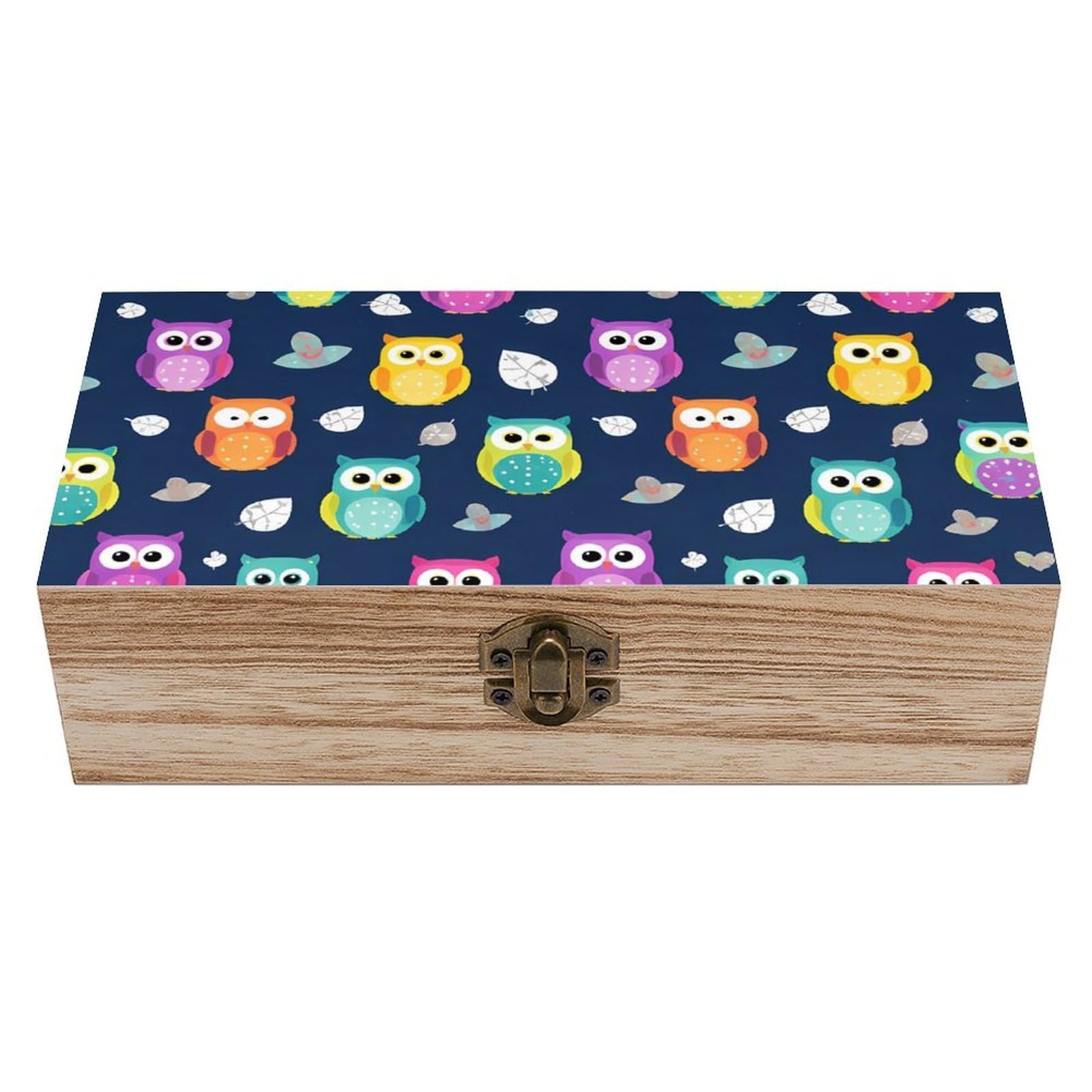 SMAZDFXX Cute Owl Wooden Storage Box With Hinged Lid Decorative Front Clasp Keepsake Boxes