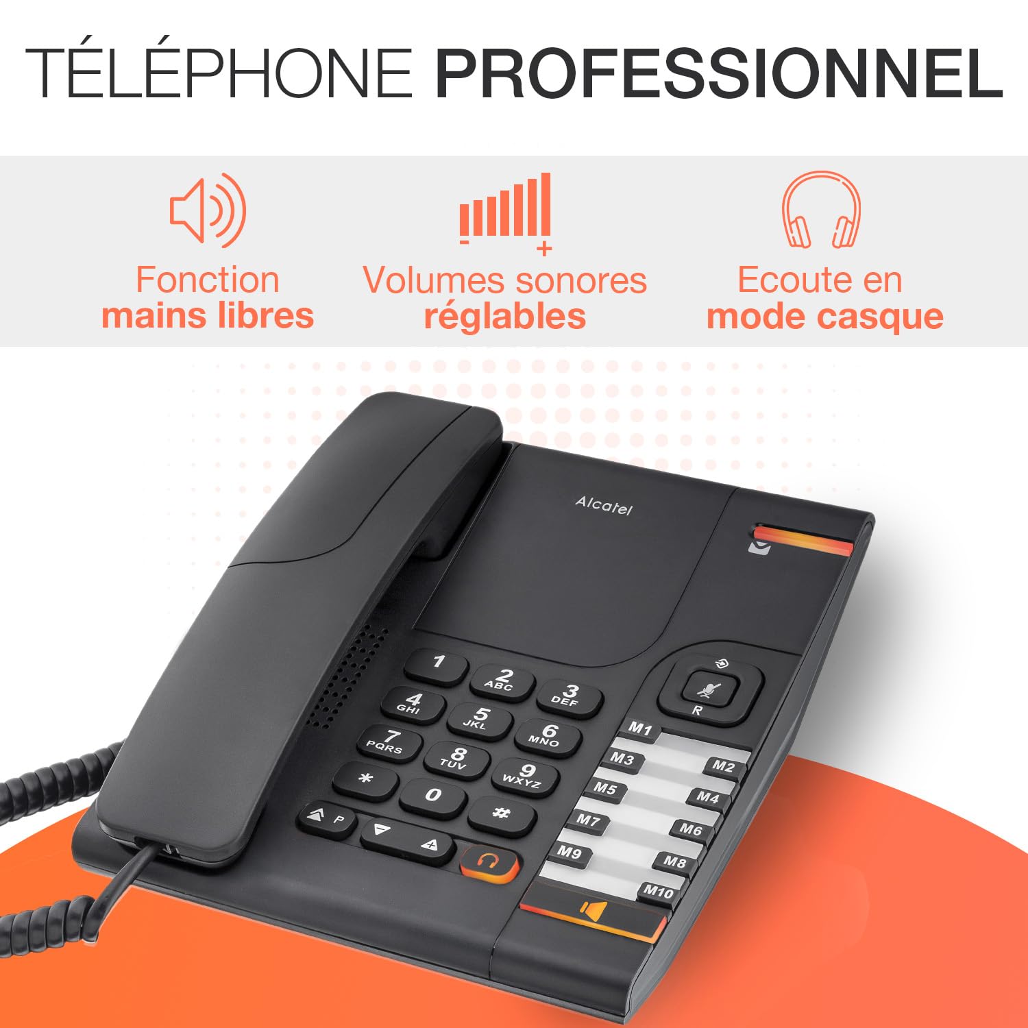 ALCATEL Temporis 380 PRO - Téléphone Fixe Filaire Professionnel - Bibloc - Mains Libres - Indicateur Lumineux - Volume Réglable - Touche Rappel & Mute - Installation Mur - 10 Mémoires Directes - Noir