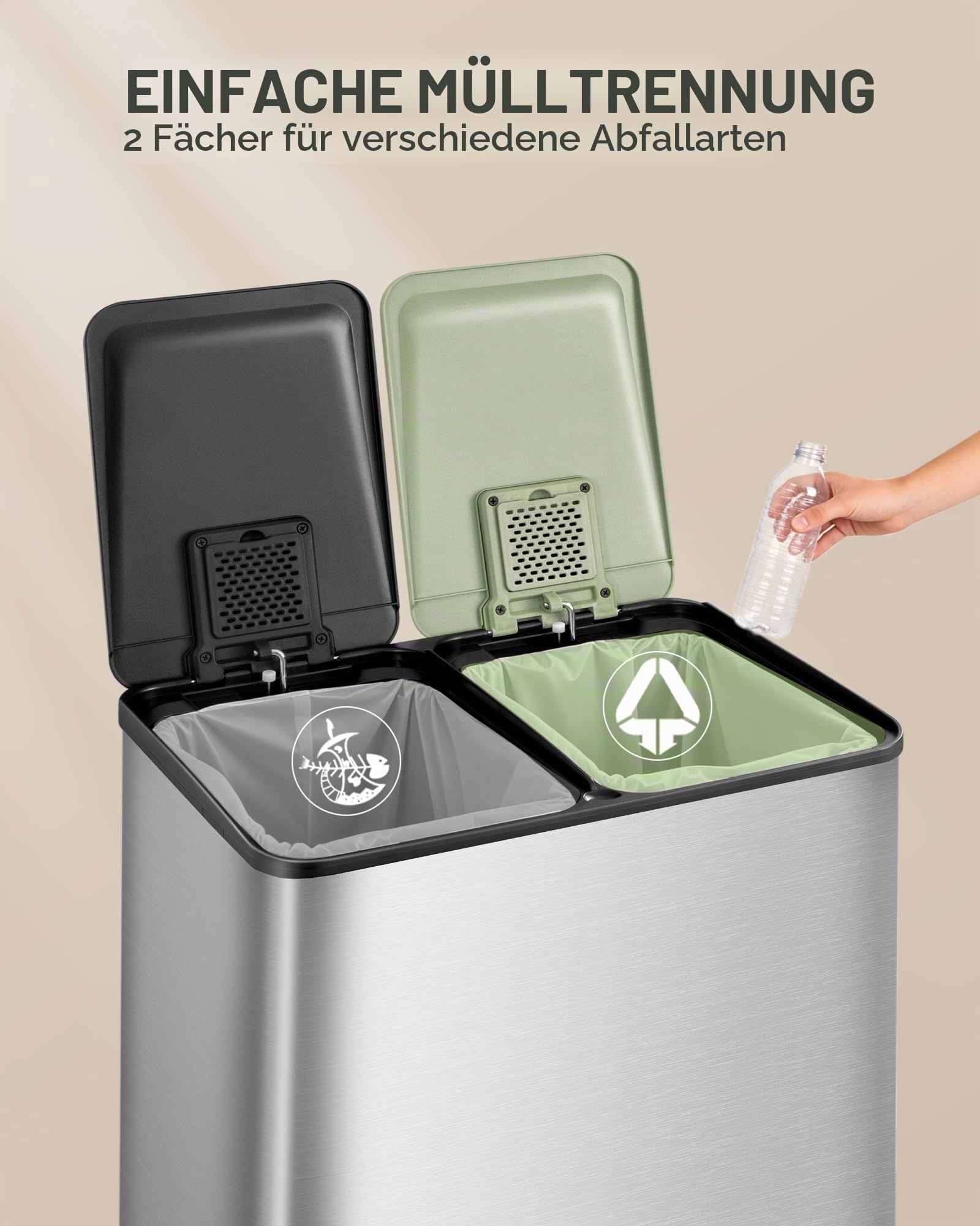 Hzuaneri Mülleimer Küche, 2 x 30 L, Mülltrennsystem 2 Fächer, Mülleimer mit Farbigem Soft-Close-Deckel und Pedal, Küchenabfalleimer mit Inneneimer, Stahl, inklusive 15 Müllbeuteln, Silber SW23199E