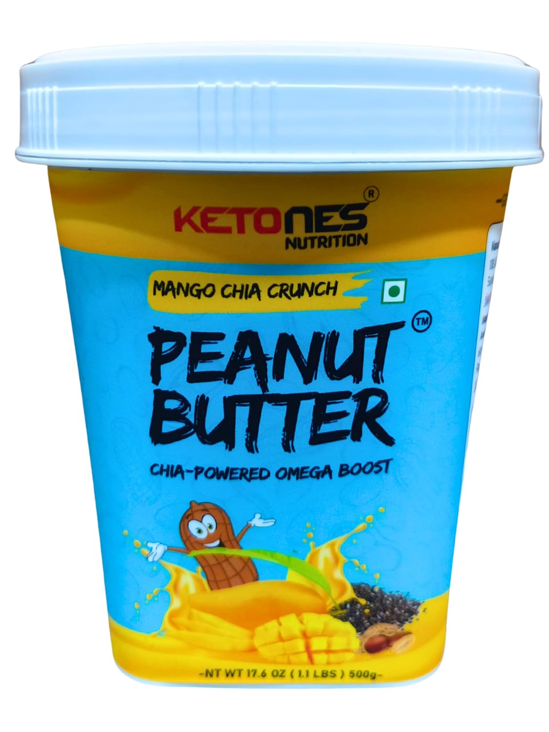 Ketones Nutrition I Peanut Butter I Chia- Powered Omega Boost I Rich In Fiber I Zero Cholesterol I Healthy Fats I Aids Weight Management I Zero Trans Fais I High In Protein I Keto Friendly I Healthy Snack I Build Strength & Immunity I Yummy Flavor I Meal Replacement I Gluten Free I Spread on Hread I Add to Shake I Add to Recipe I Grab & Lai I Mango Chia Crunch I 500 GM