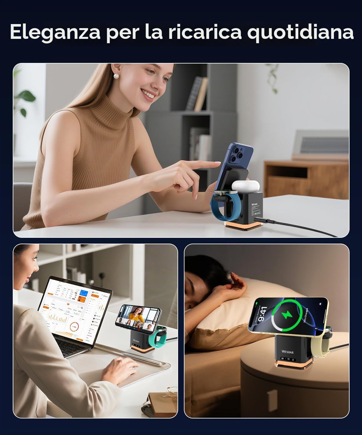 WESDAR 3 in 1 Magnetico Caricatore Wireless per iPhone 15W Compatibile,Stazione di Ricarica Magnetica 15W per iPhone 17/16/15/14/13/12 - Base Pieghevole(NERO)