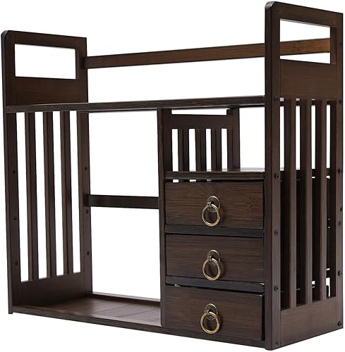 Miniatura 9 de CNCEST Estantería de mesa de bambú, estantería de escritorio de 3 cajones, multifuncional, organizador de almacenamiento de escritorio, estantería