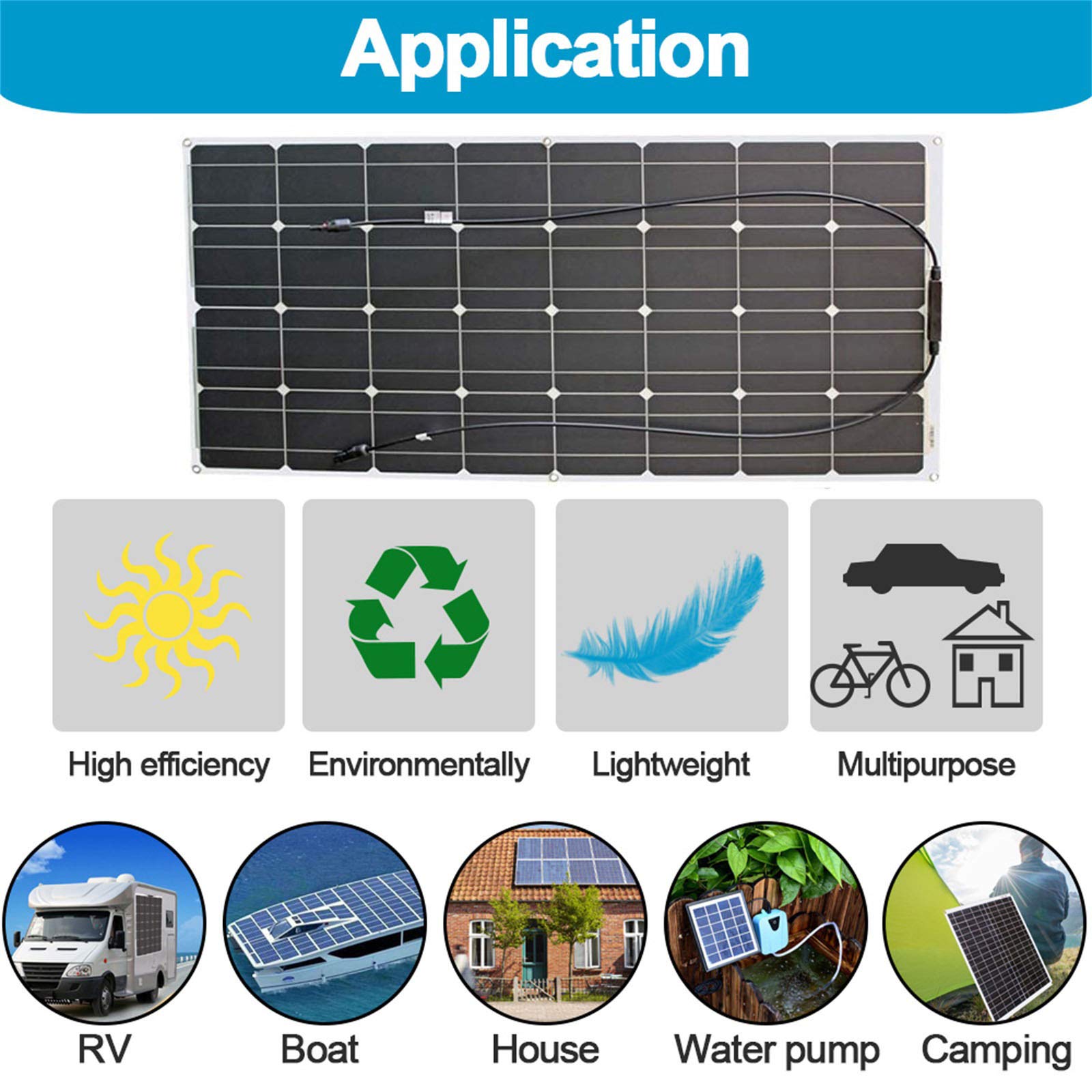 Elastyczny Monokrystaliczny Panel Słoneczny 100W 12V z regulatorem ładowania słonecznego 10A i kablem solarnym 3 m, do przyczepy kempingowej, poza siecią, do ładowania akumulatora RV