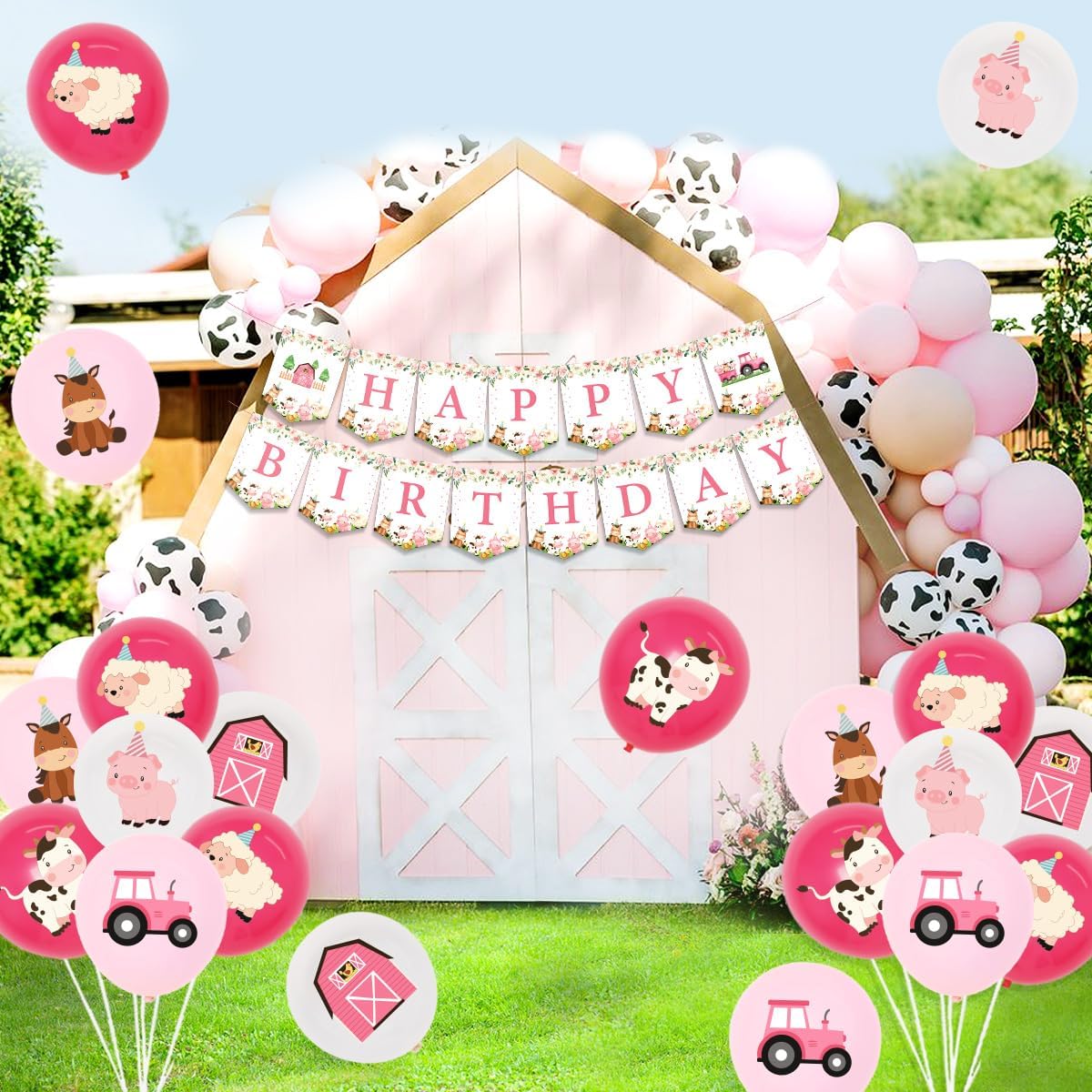 Pink Farm Animals Birthday Decorations Girl Farmhouse Barnyard Themed Cow Pig Donkey Printed Latex Balloon Duck Foil Walking Balloon Banner Cake Cupcake Toppers Floral Farm Birthday Party Supplies