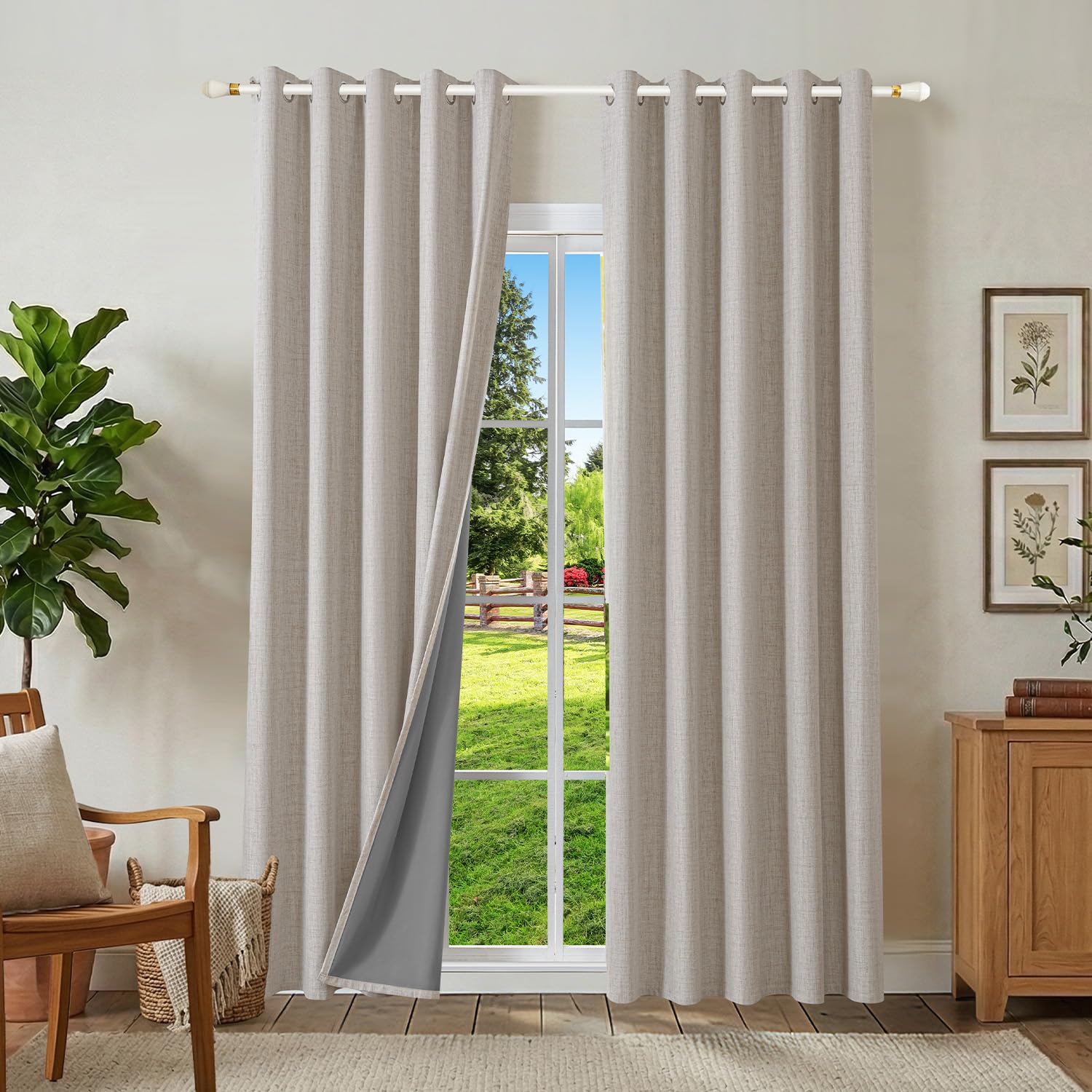 Runyéla 100% Blackout Linen Curtains Eyelet 66 x 90 Inch Drop for Living Room Bedroom Thermal Curtain 2 Panels Greyish White
