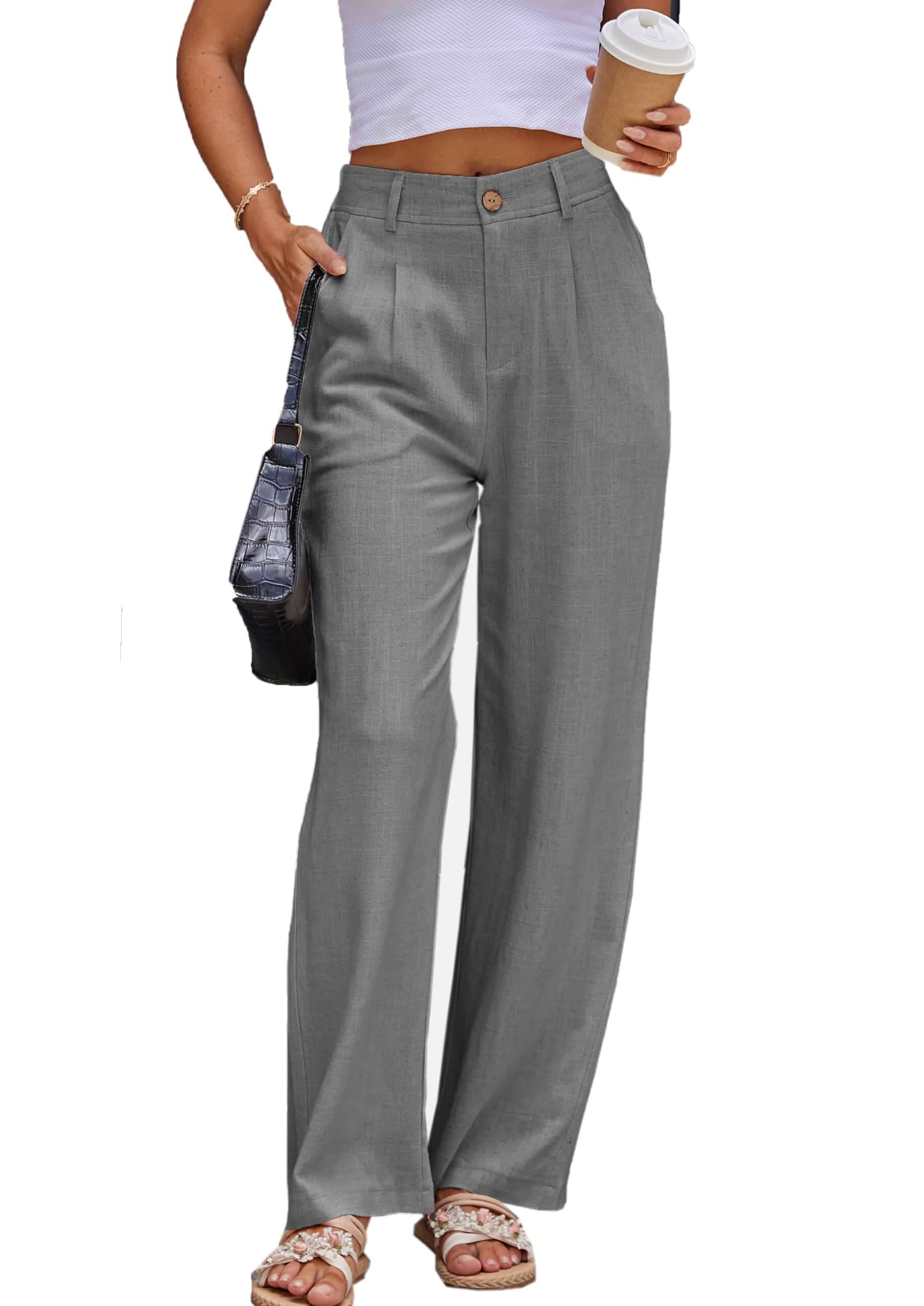 heipeiwa Women's Linen Pants Casual High Waist Wide Leg Straight Dress Cotton Linen Button Trouser Summer Clothes Regular